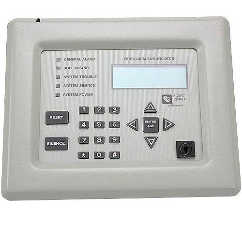 Silent Knight 5860 LCD remote annunciator displaying alarm status and system information on a sleek, easy-to-read screen.