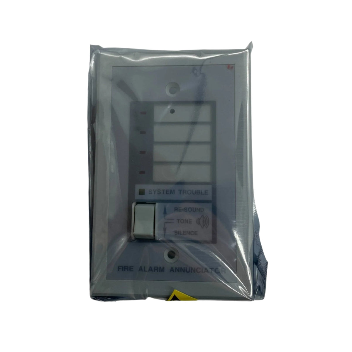 Silent Knight SK-RZA4 remote annunciator displaying alarm status and control buttons on a sleek black device.