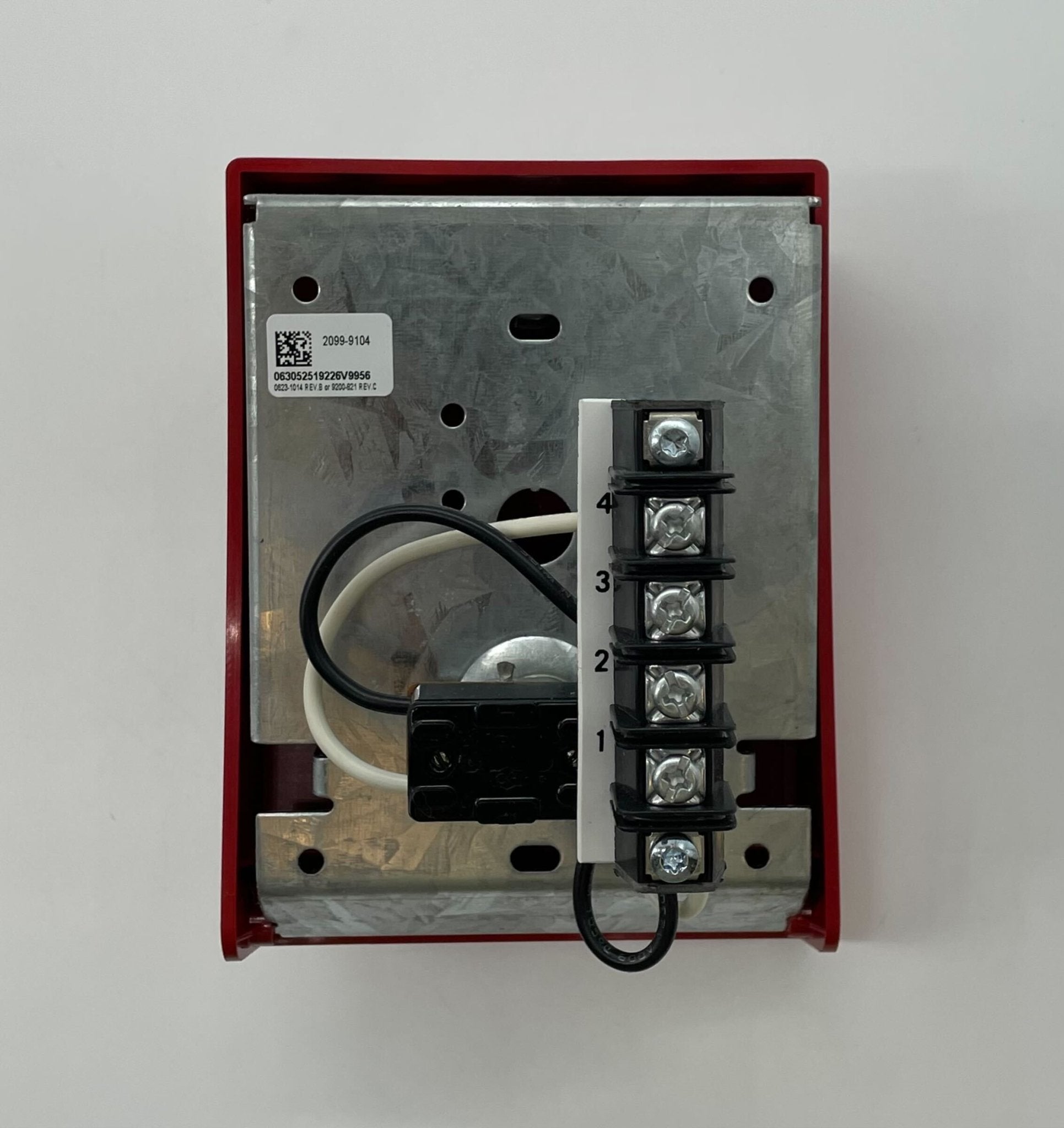 Simplex 2099-9104 pull station alarm device, metal casing with red handle and label, used for emergency fire alerts.
