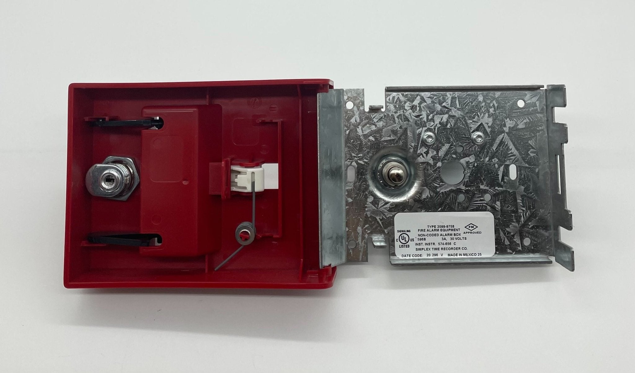 Simplex 2099-9758 pull station fire alarm system with a red rectangular button and black casing.