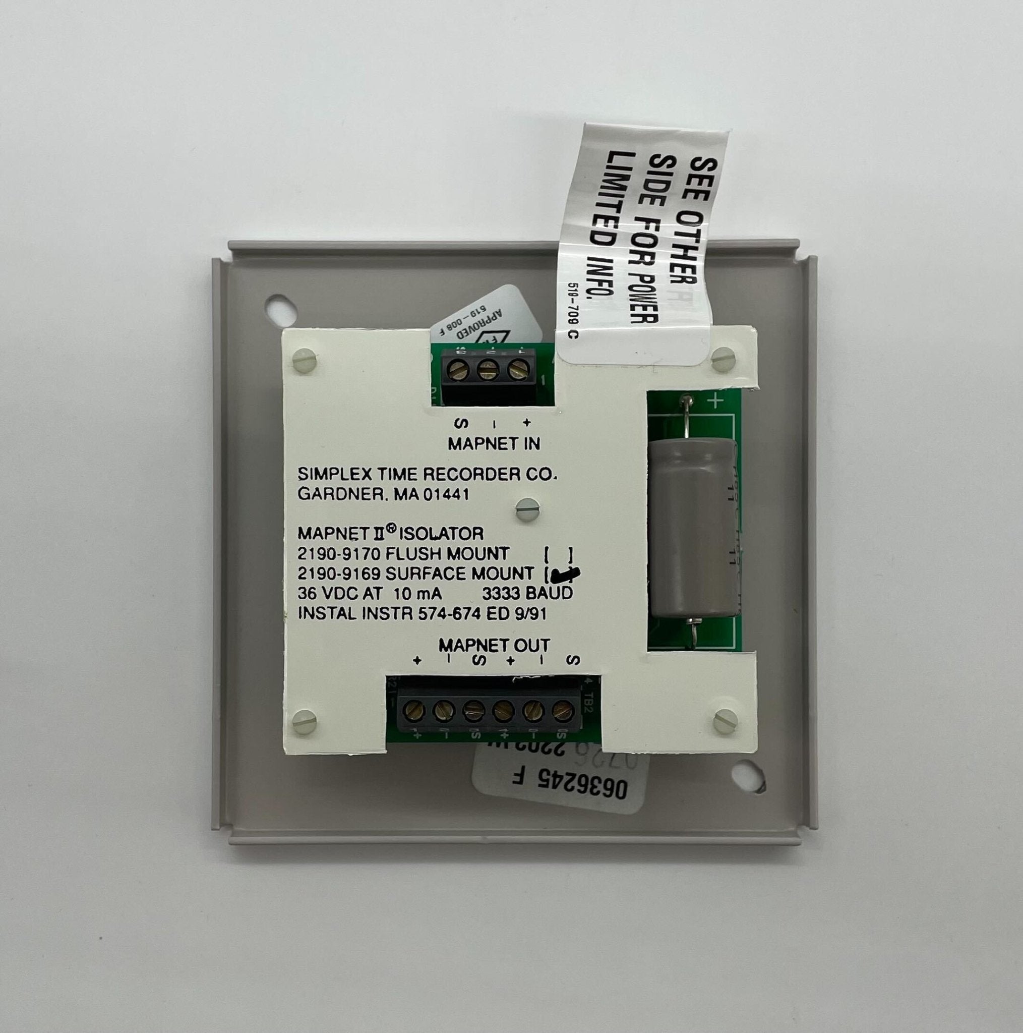 Simplex 2190-9169 fire alarm device with warning indicator, designed for fire safety systems.