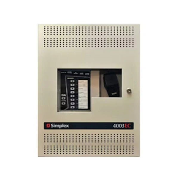 Simplex 4003-9302 fire alarm with alarm bell and wiring, mounted on wall, for fire safety and emergency alert systems.