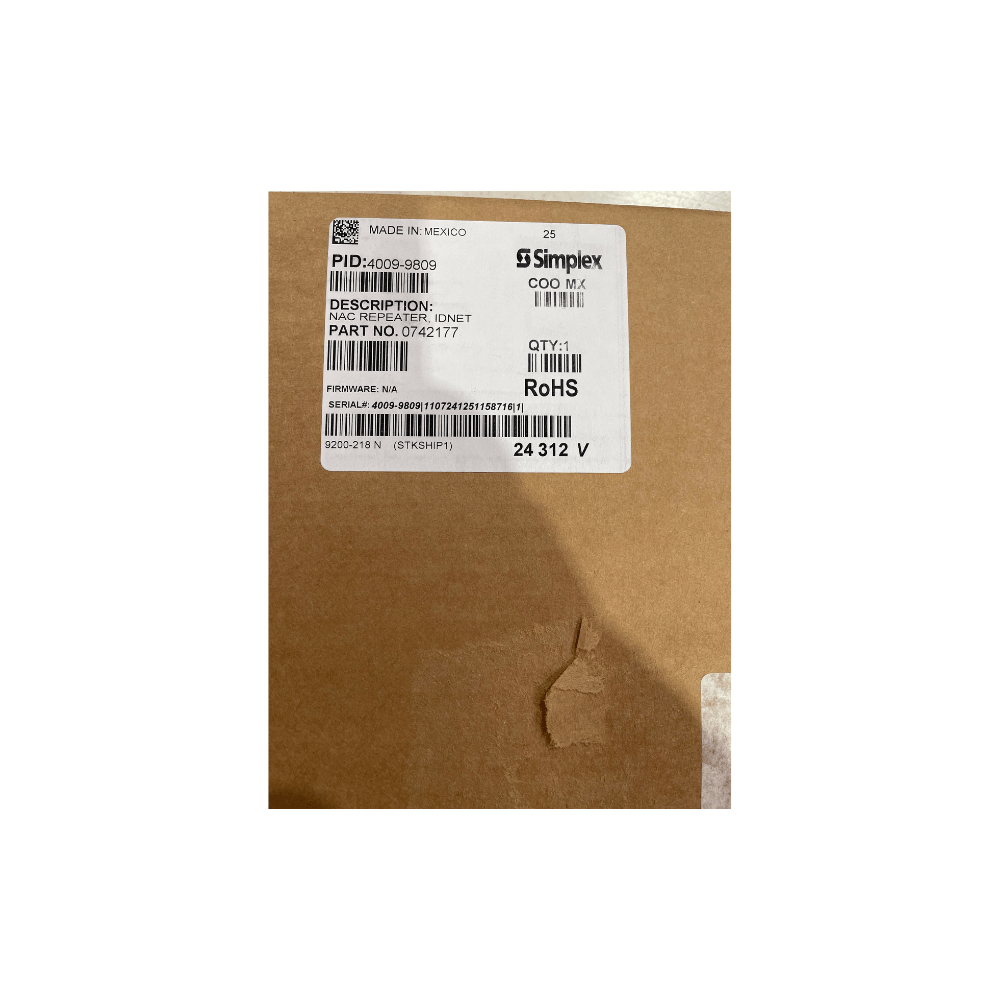 Simplex 4009-9809 fire alarm with black casing and wiring, mounted on a wall, designed for fire detection and alarm systems.