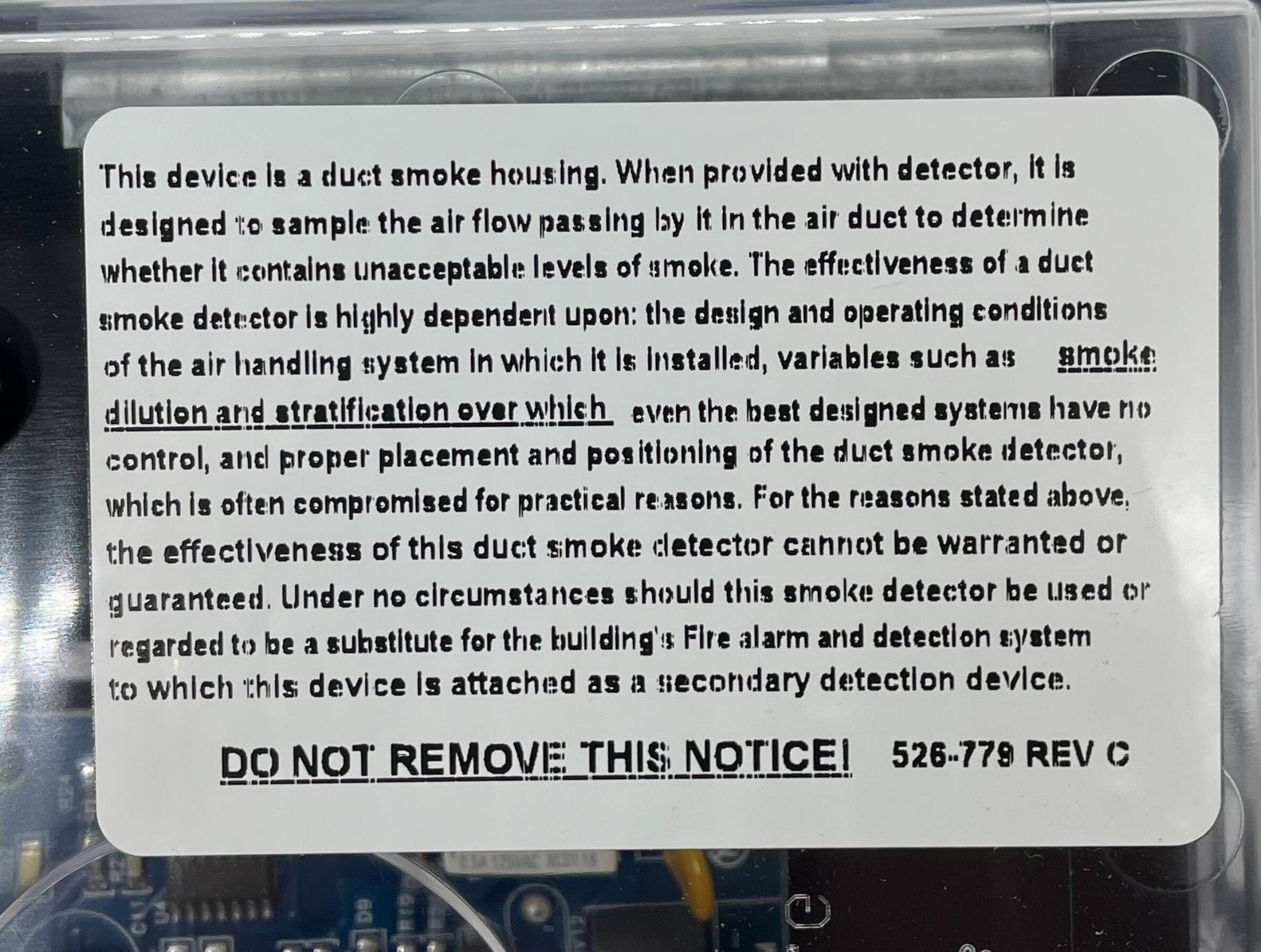 Simplex 4098-9756 duct detector, part of fire alarm system, with sensor and wiring visible in the image.