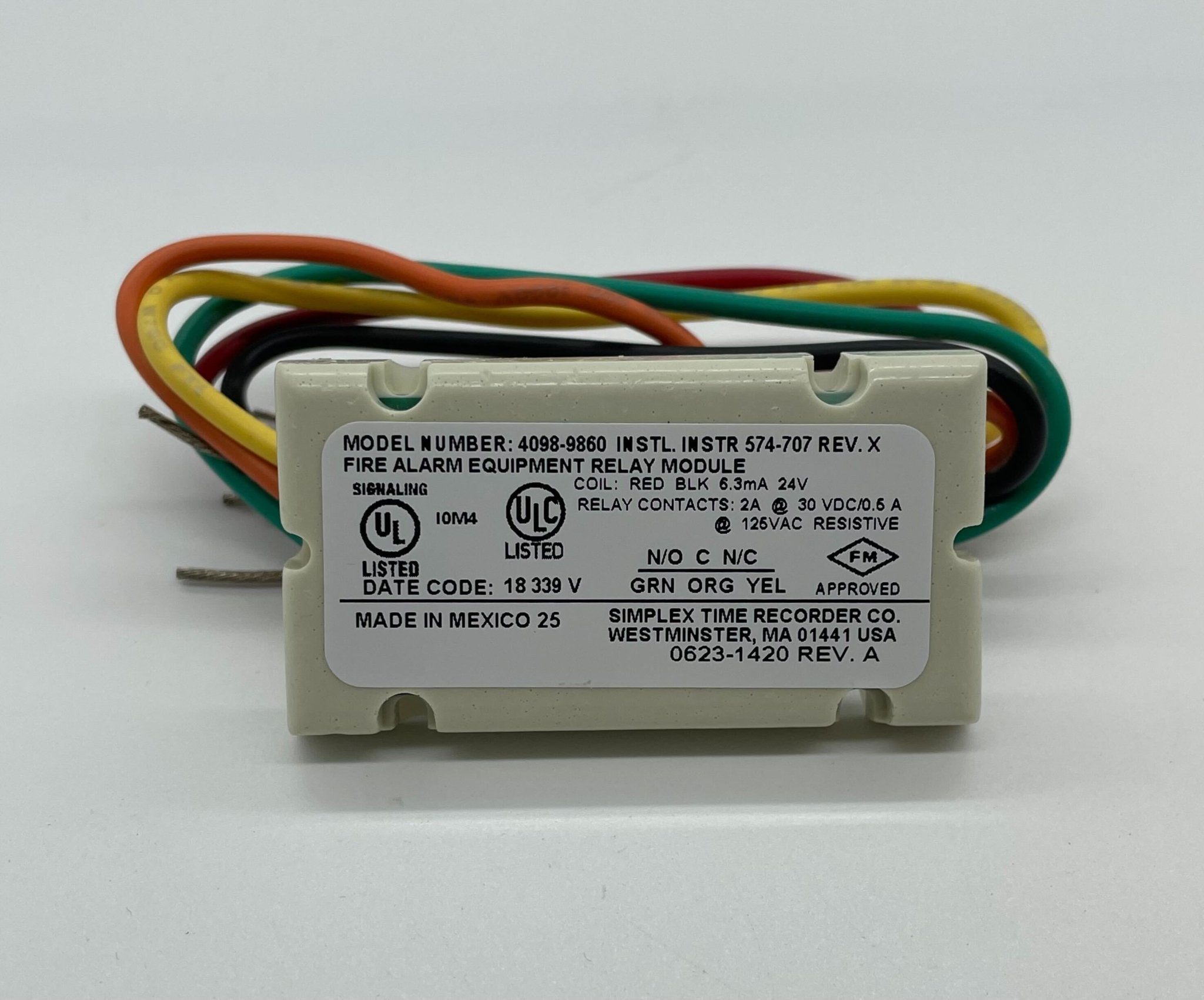 Simplex 4098-9860 fire alarm device mounted on wall, part of Simplex fire alarm system for building safety.