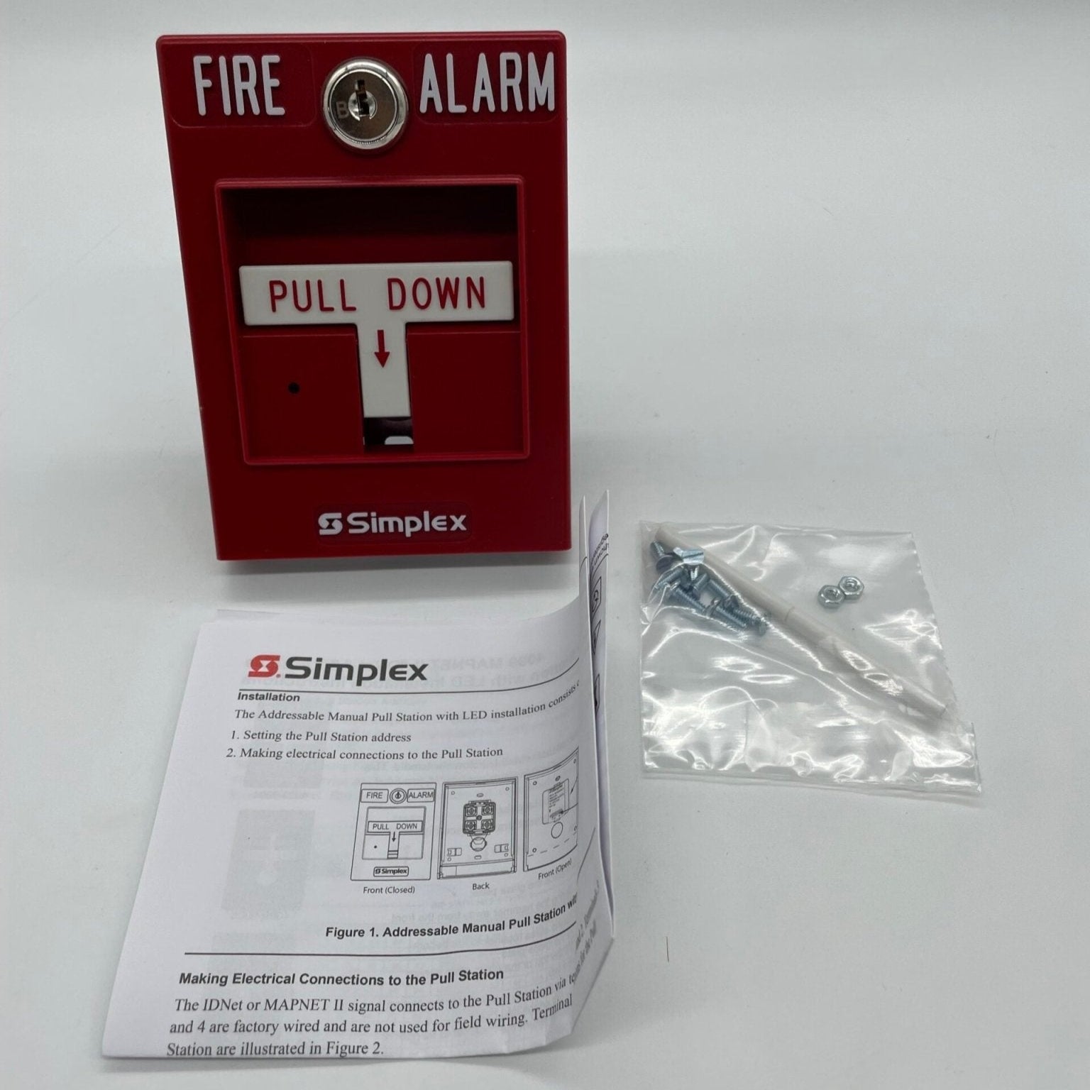 Simplex 4099-9004 single-action pull station, fire alarm pull device with a red rectangular faceplate and metal activation lever.