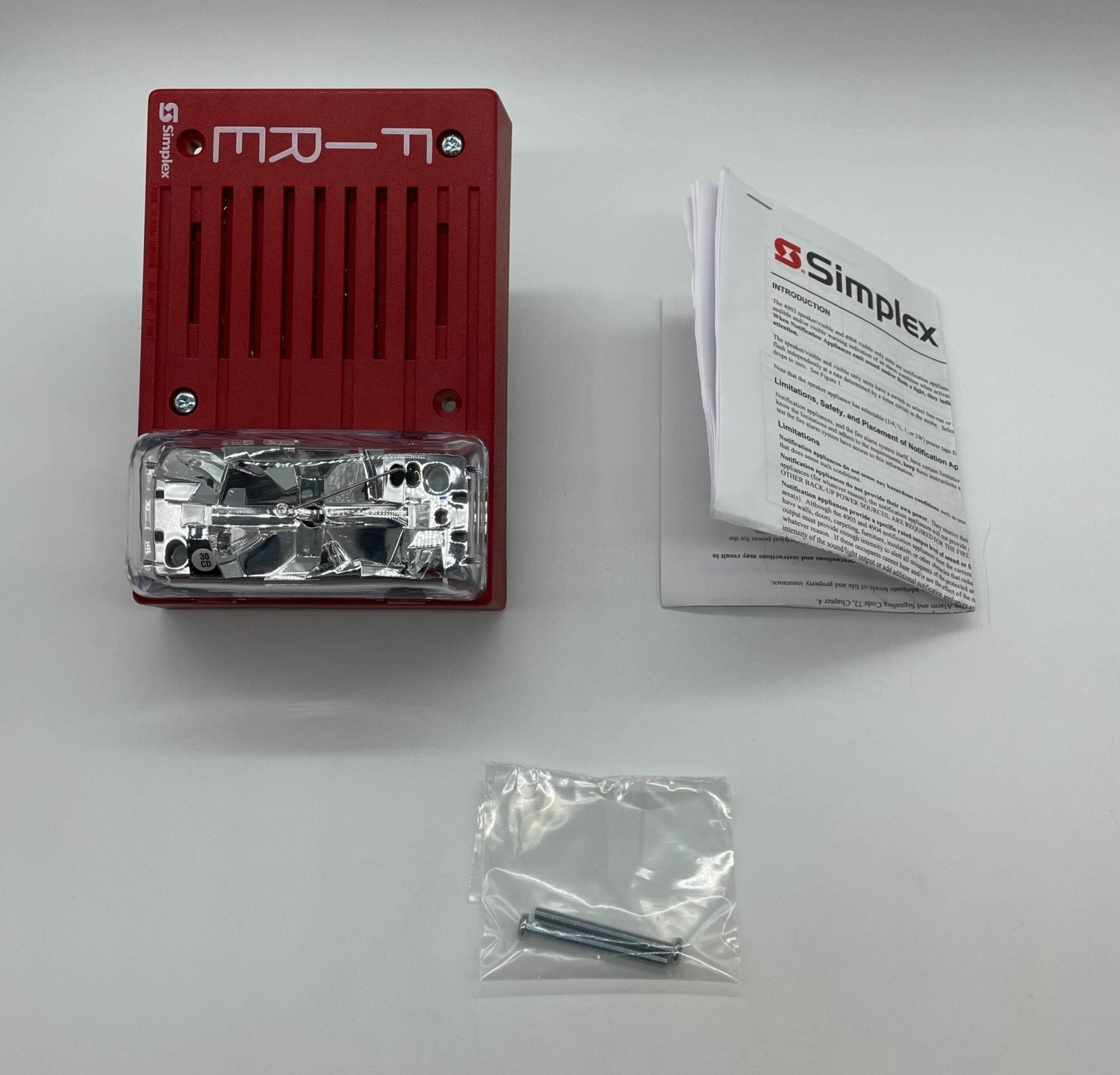 Simplex 4903-9148 speaker strobe alarm with bright flashing light and siren for emergency alerting.