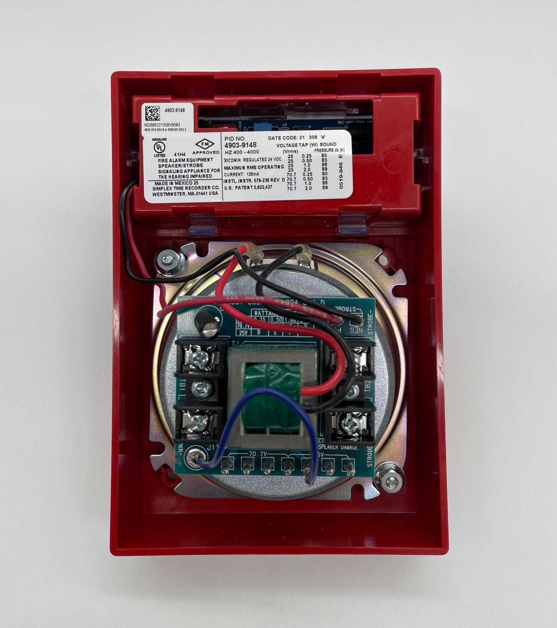 Simplex 4903-9148 speaker strobe alarm with red housing and clear lens, designed for fire safety and alert notifications.
