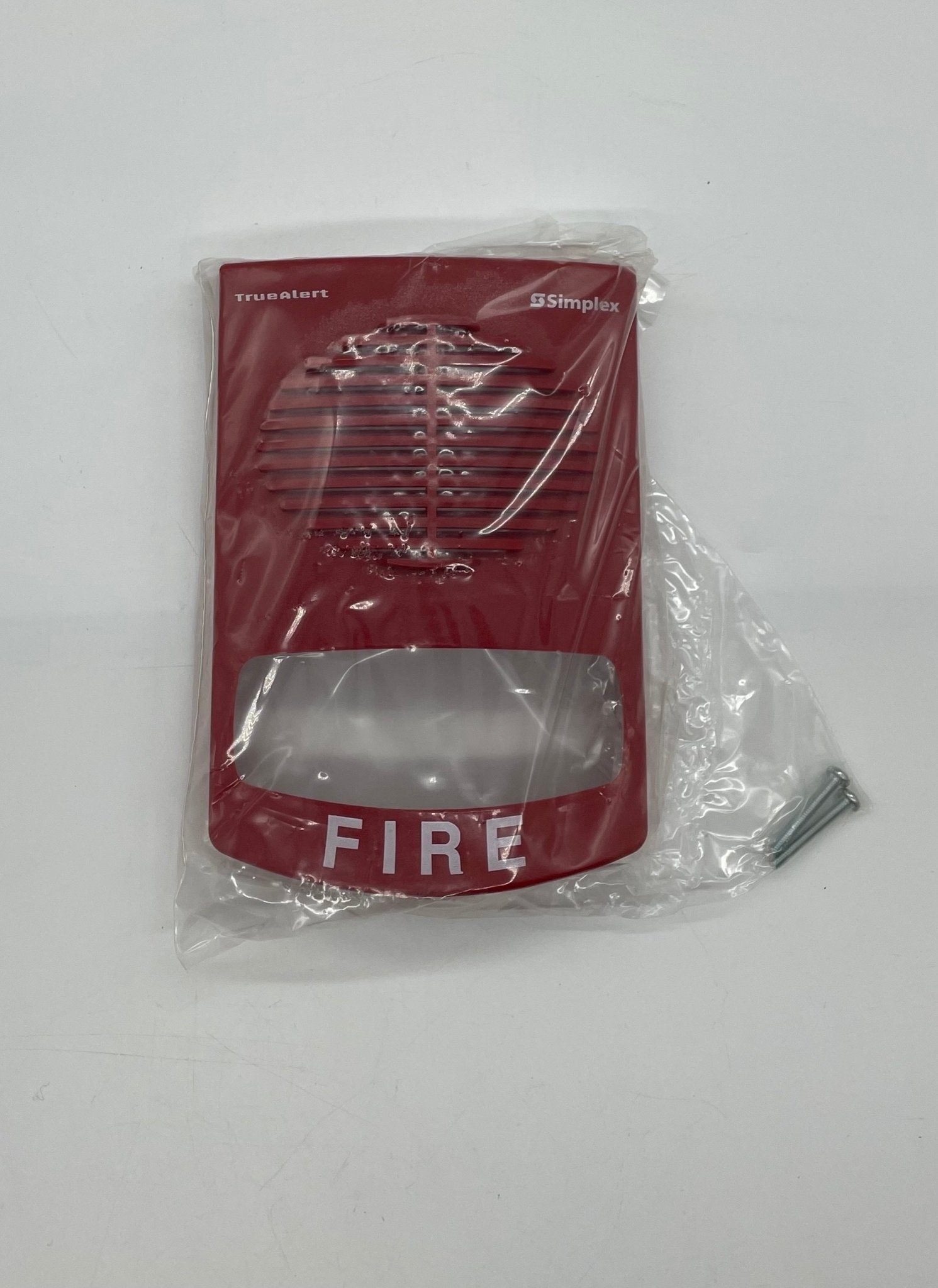Simplex 4903-9358 speaker strobe alarm with red and white housing, mounted on a wall for fire safety notification.