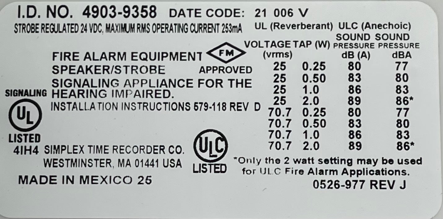 Simplex 4903-9358 speaker strobe alarm with flashing light and mounting bracket, designed for fire alarm systems.