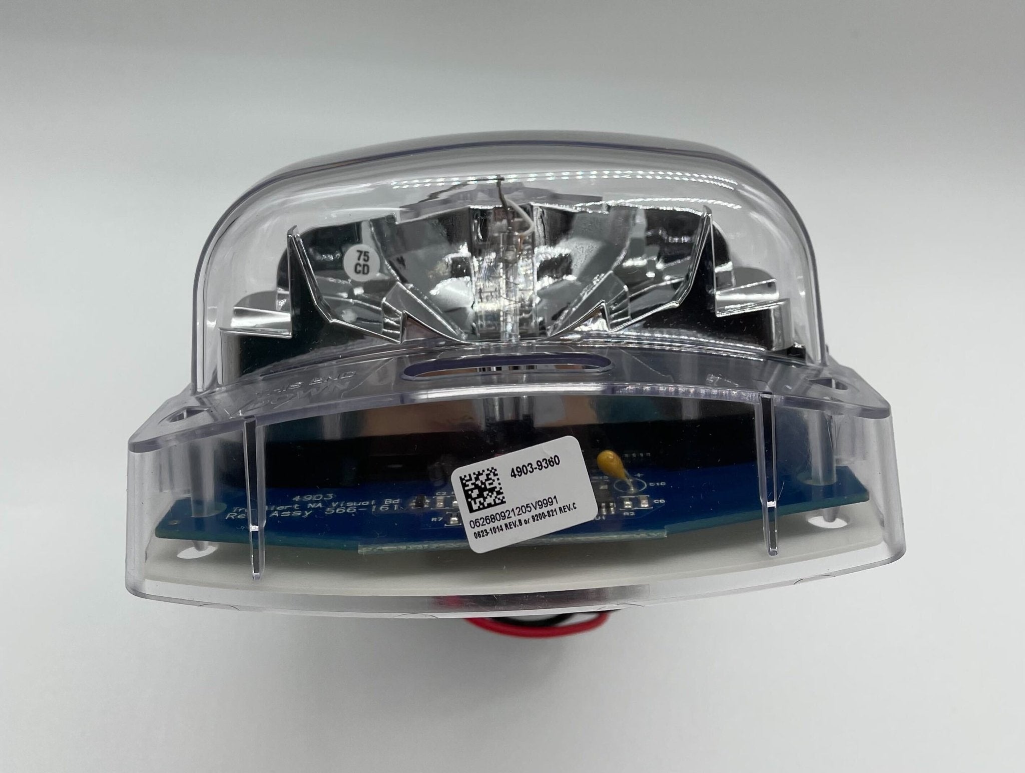 Simplex 4903-9360 speaker strobe light with red lens and mounting hardware, designed for fire alarm and emergency notification systems.