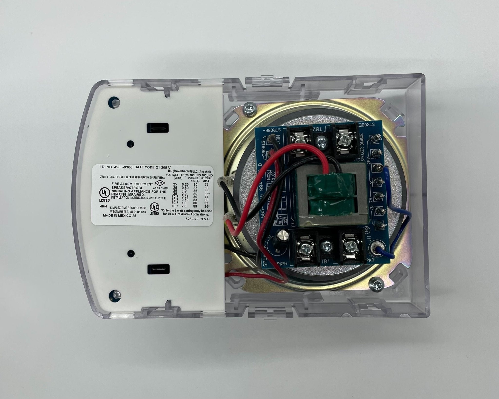 Simplex 4903-9360 speaker strobe alarm with white housing and mounting bracket for fire safety alert system.