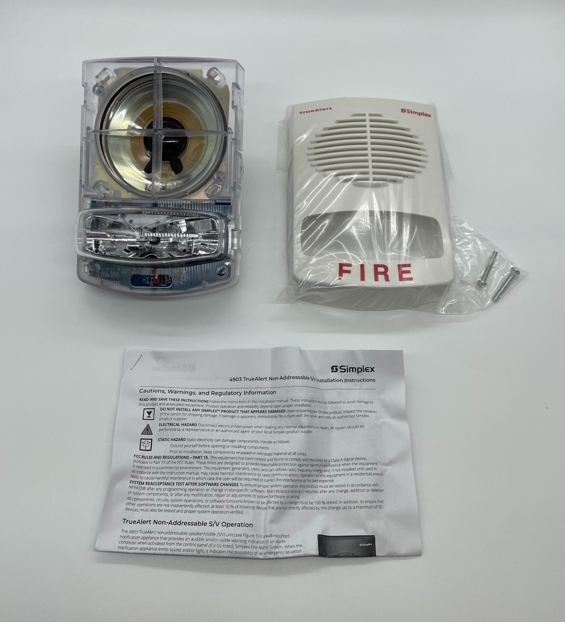 Simplex 4903-9360 speaker strobe alarm with red housing and mounting bracket, designed for fire and emergency alert systems.
