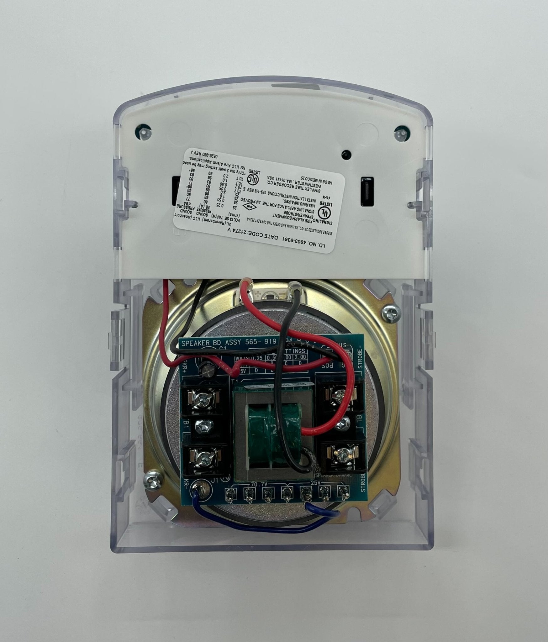 Simplex 4903-9361 speaker strobe with red housing and mounting bracket, designed for emergency notification systems.