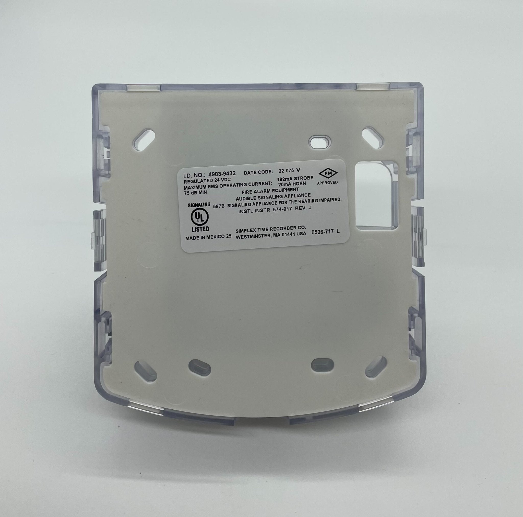 Simplex 4903-9432 horn strobe alarm with red housing and clear lens, mounted on wall for emergency alert signaling.