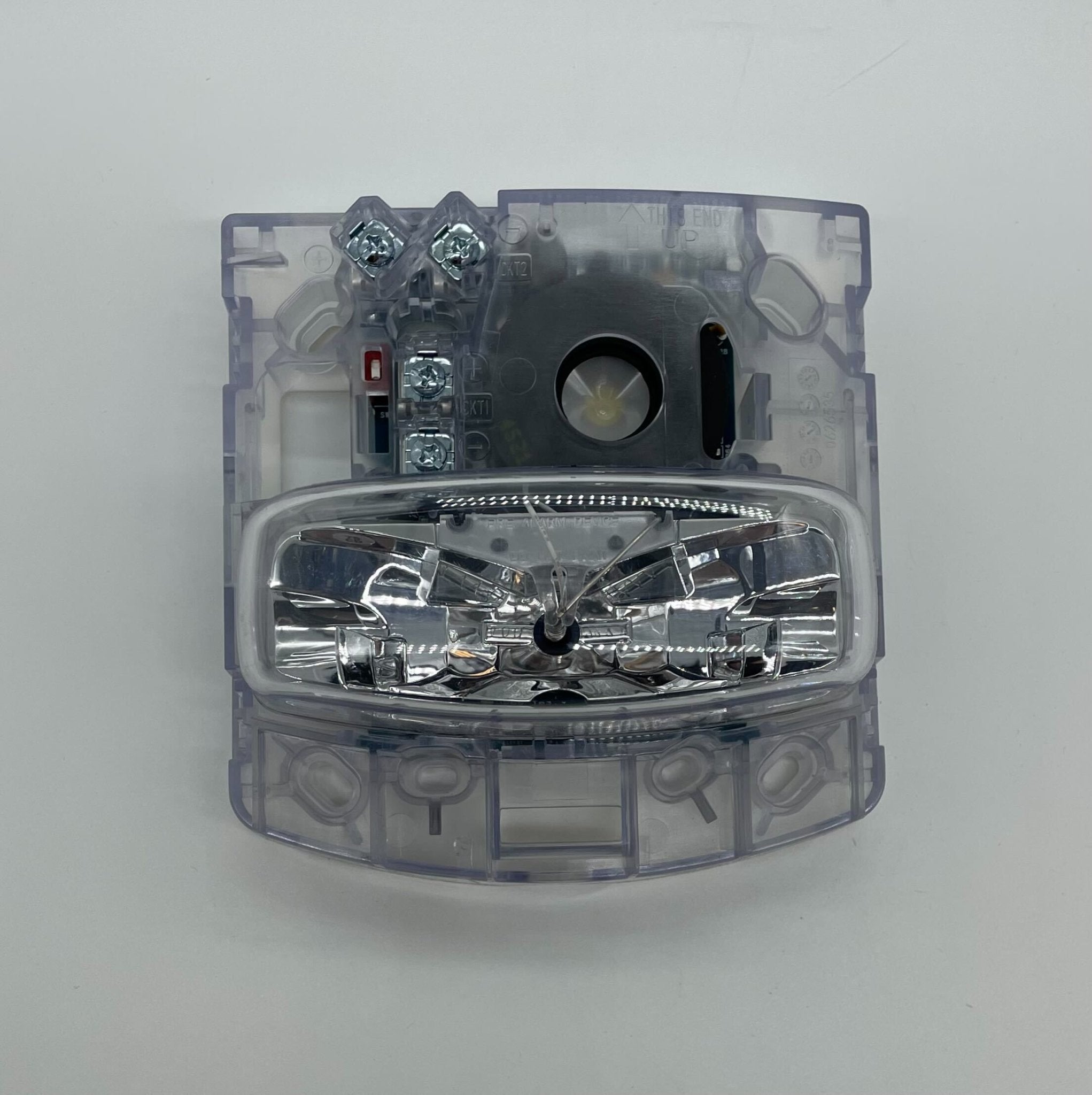Simplex 4903-9432 horn strobe alarm device with red flashing light and horn for fire safety and alert systems.