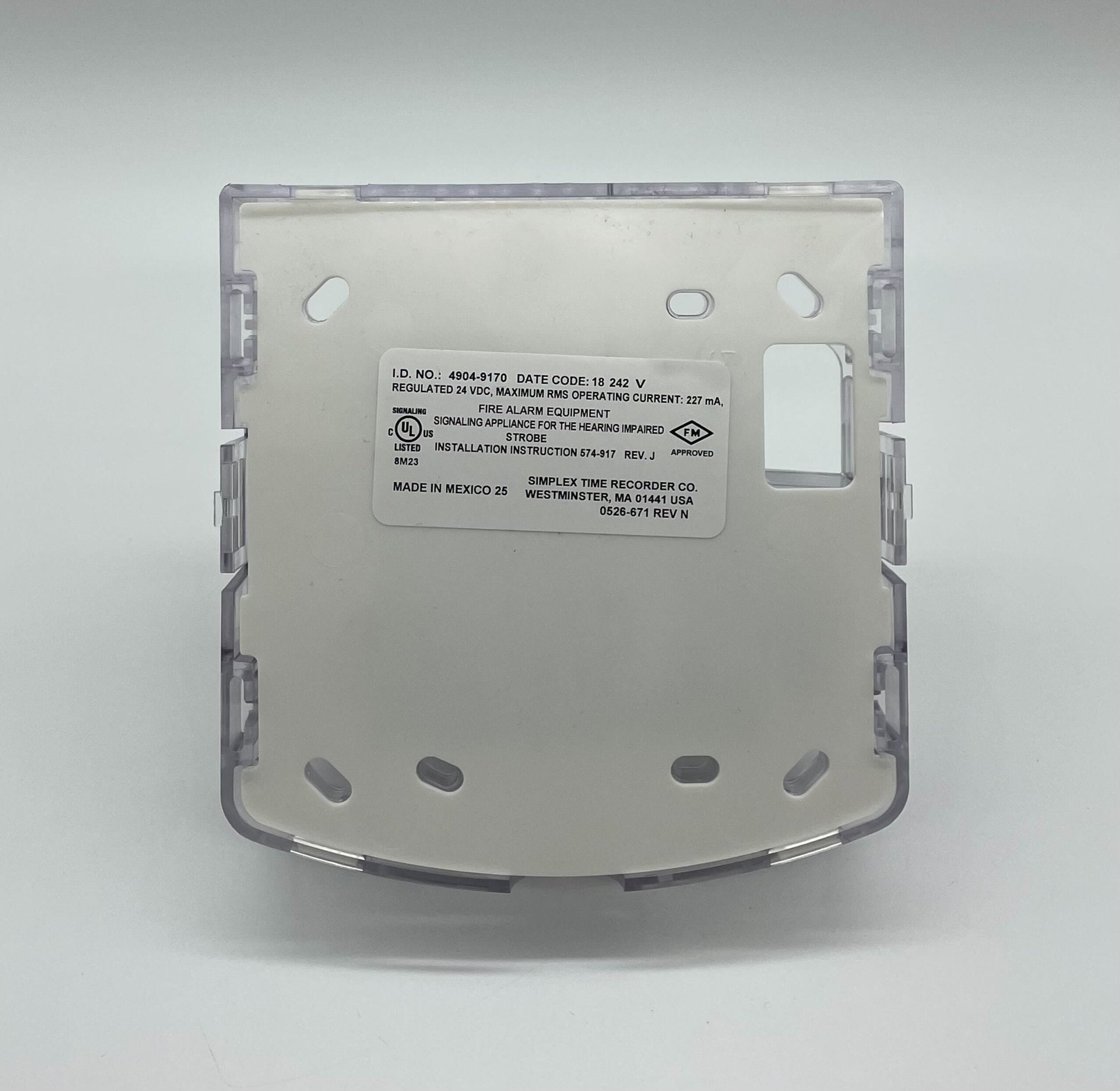 Simplex 4904-9170 strobe light with clear lens and mounting bracket, designed for industrial or emergency signaling.
