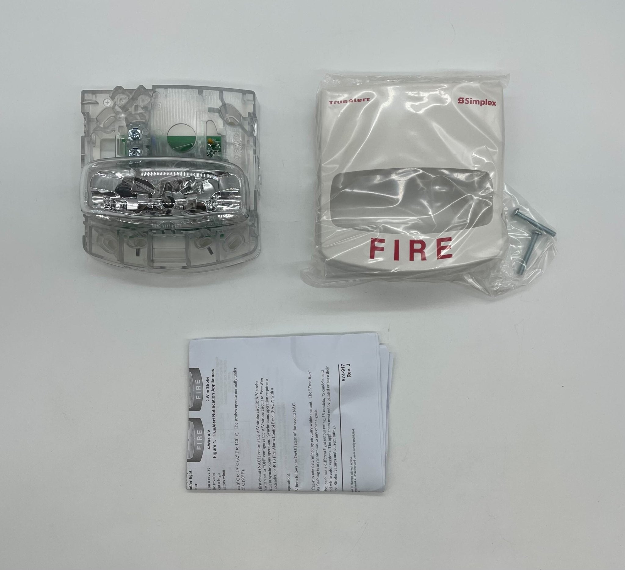 Simplex 4904-9171 fire alarm unit with alarm indicator and mounting hardware, branded Simplex, on a white background.