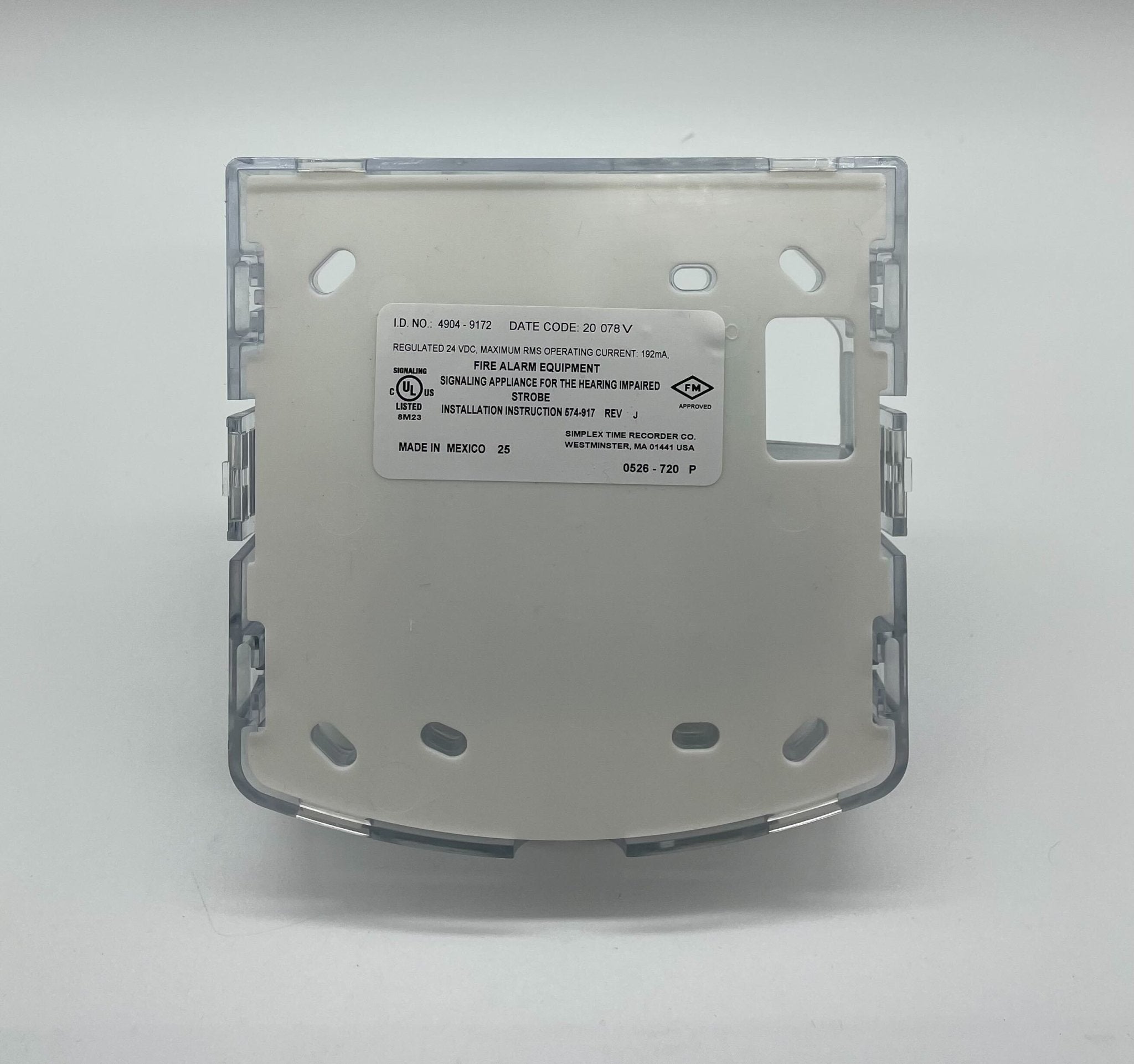 Simplex 4904-9172 strobe light, red warning beacon with clear lens, mounted on a metal bracket for safety signaling.