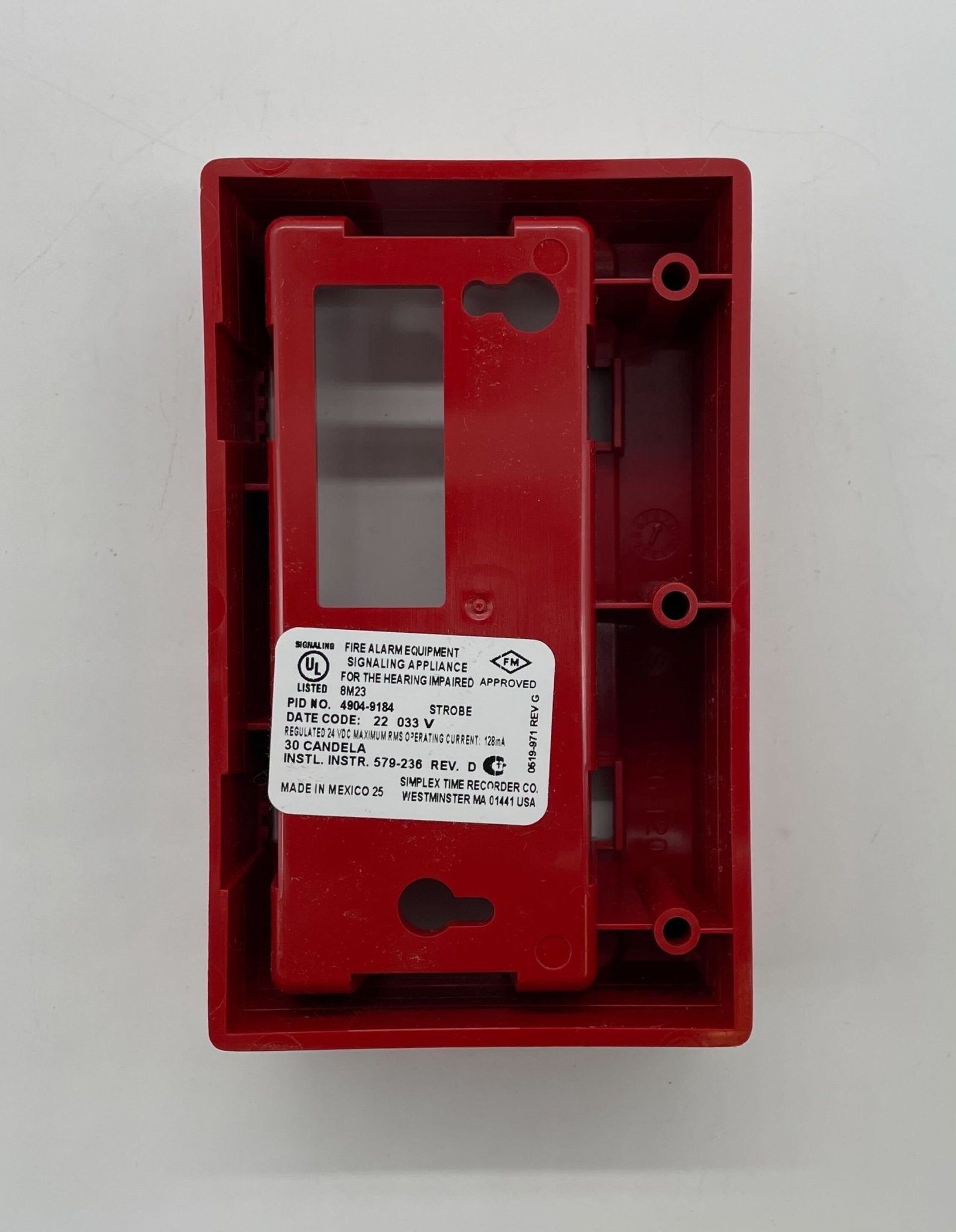Simplex 4904-9184 fire alarm system with detector and wiring, installed on a ceiling for fire safety.