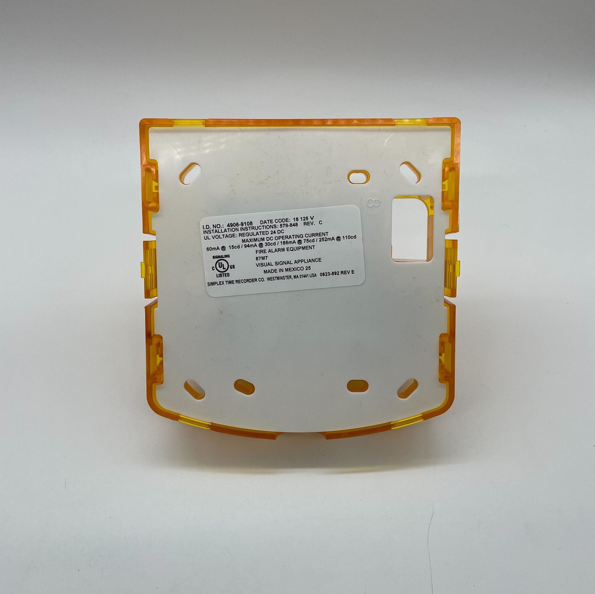 Simplex 4906-9108 fire alarm with white plastic casing and mounting bracket, designed for fire detection systems.