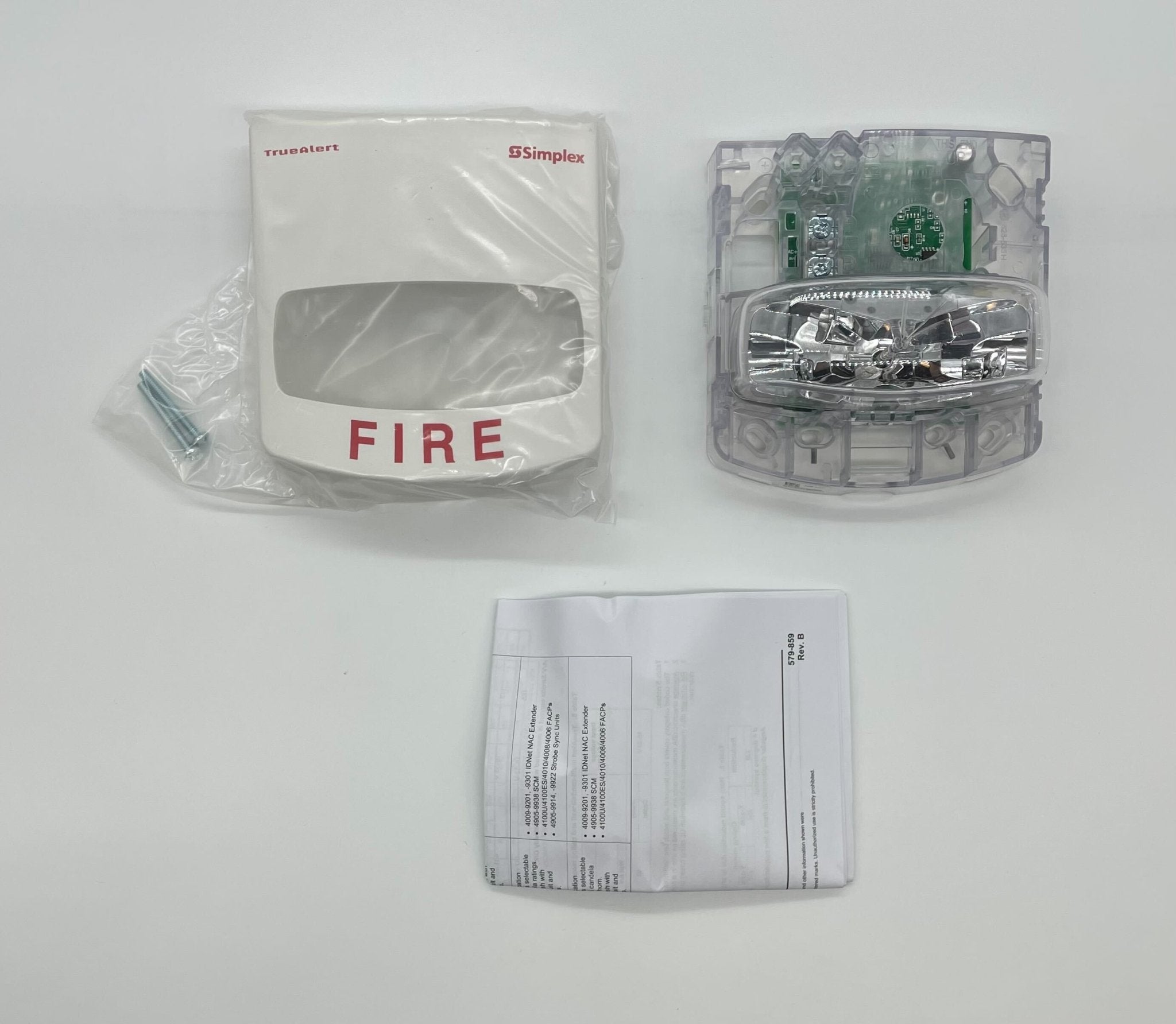 Simplex 4906-9111 fire alarm with white plastic housing and mounting bracket, designed for building safety systems.