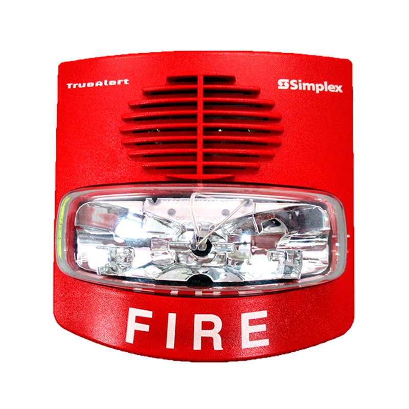 Simplex 4906-9117 fire alarm sensor mounted on ceiling, part of Simplex fire alarm system for building safety.