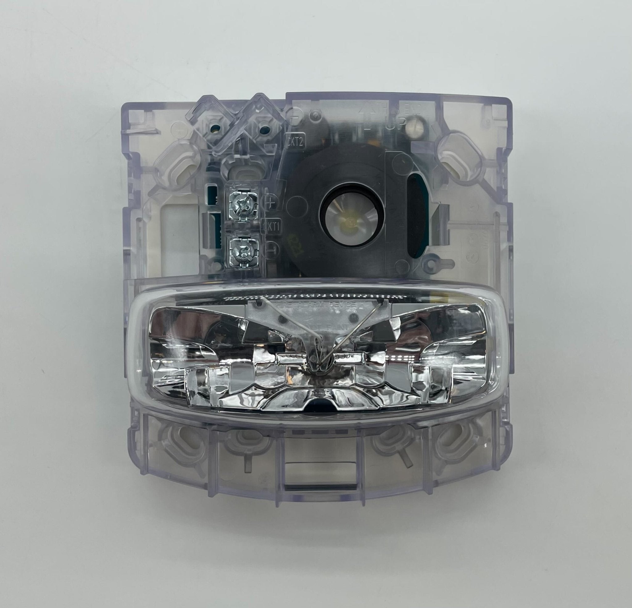 Simplex 4906-9127 horn strobe alarm with flashing light and alarm bell for fire safety and alert signaling.