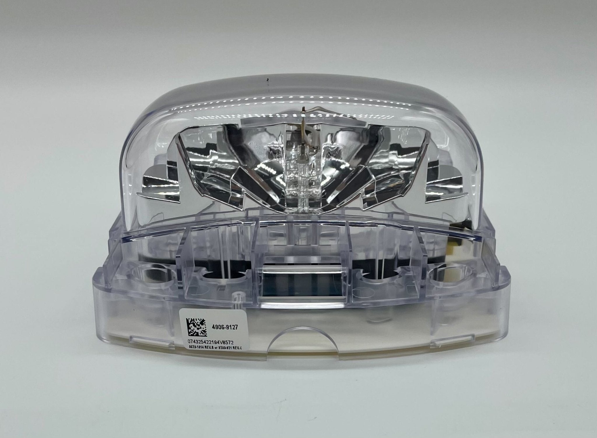 Simplex 4906-9127 horn strobe alarm device with red horn and clear lens for fire safety signaling.