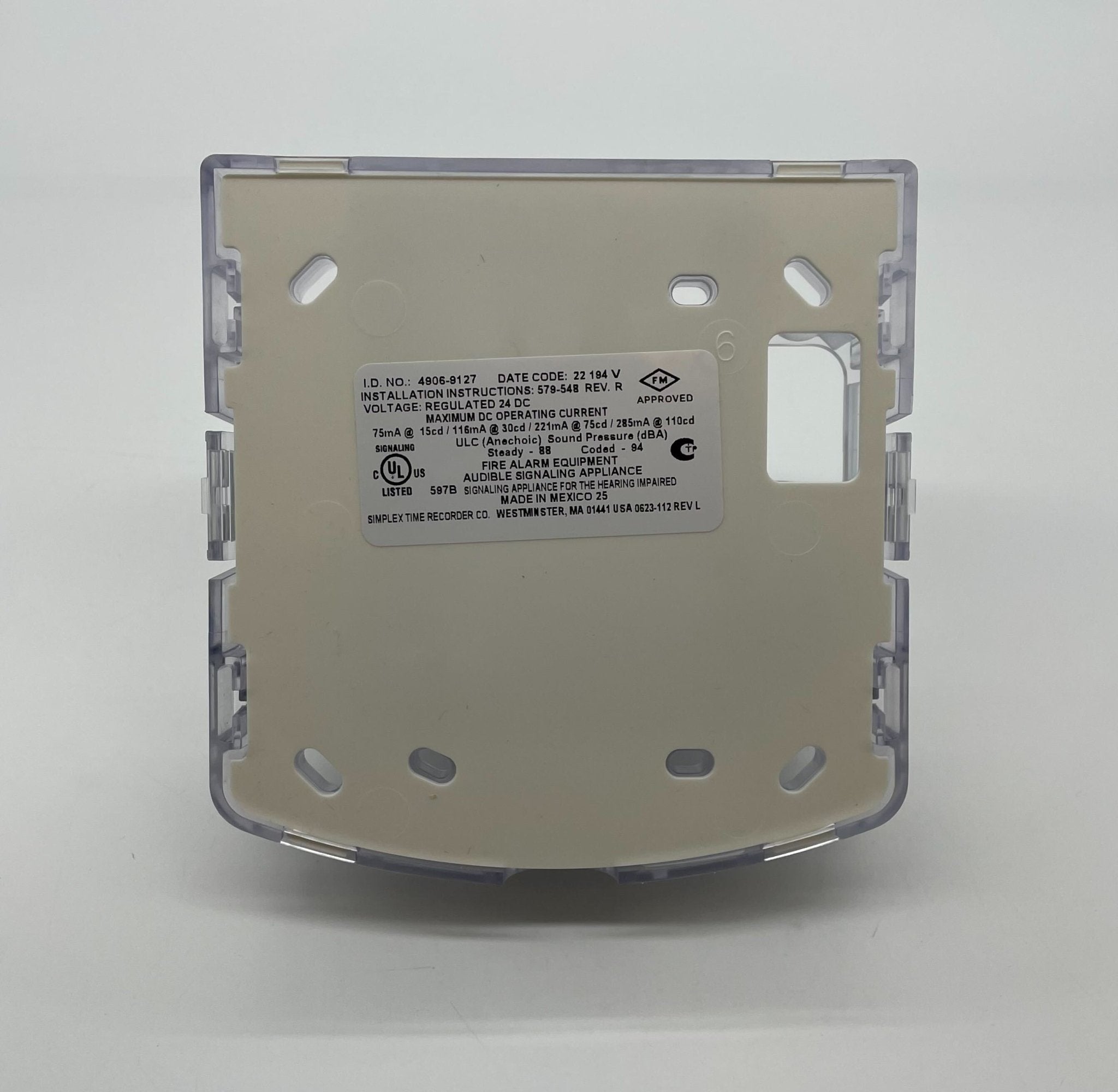 Simplex 4906-9127 horn strobe alarm with red casing and mounting bracket, designed for fire safety and emergency alerts.