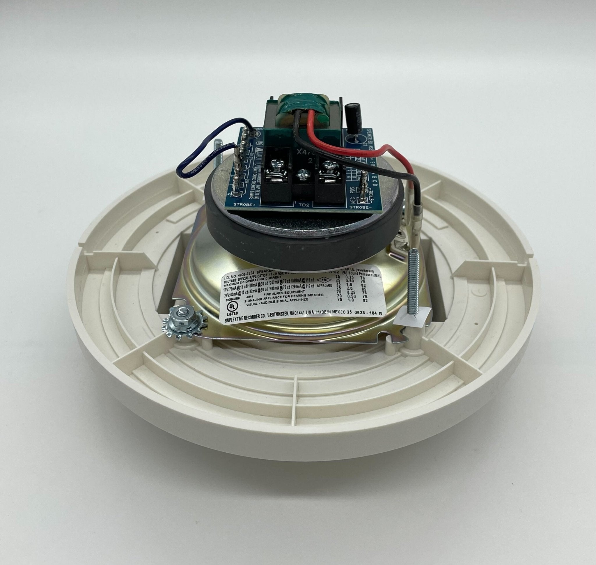 Simplex 4906-9254 speaker strobe alarm with bright red housing and mounting bracket for fire safety notification.