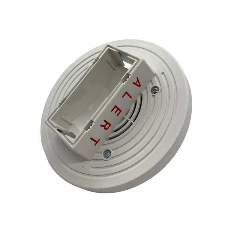 Simplex 4906-9256 emergency alarm station with red call button and safety instructions, mounted on a white wall.