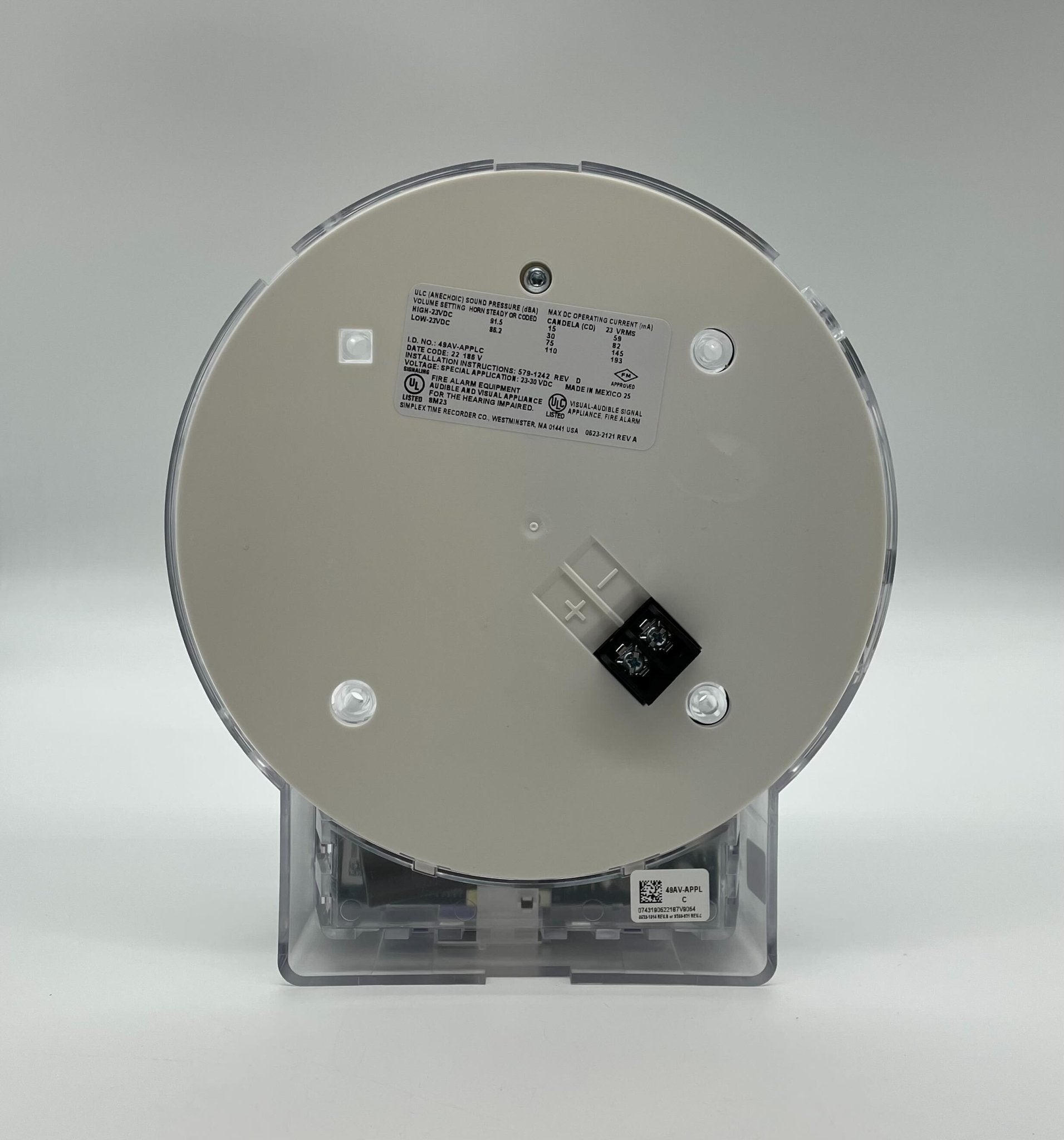Simplex 49AV-APPLC fire alarm with control panel, mounted on wall, showing indicator lights and wiring for fire safety system.
