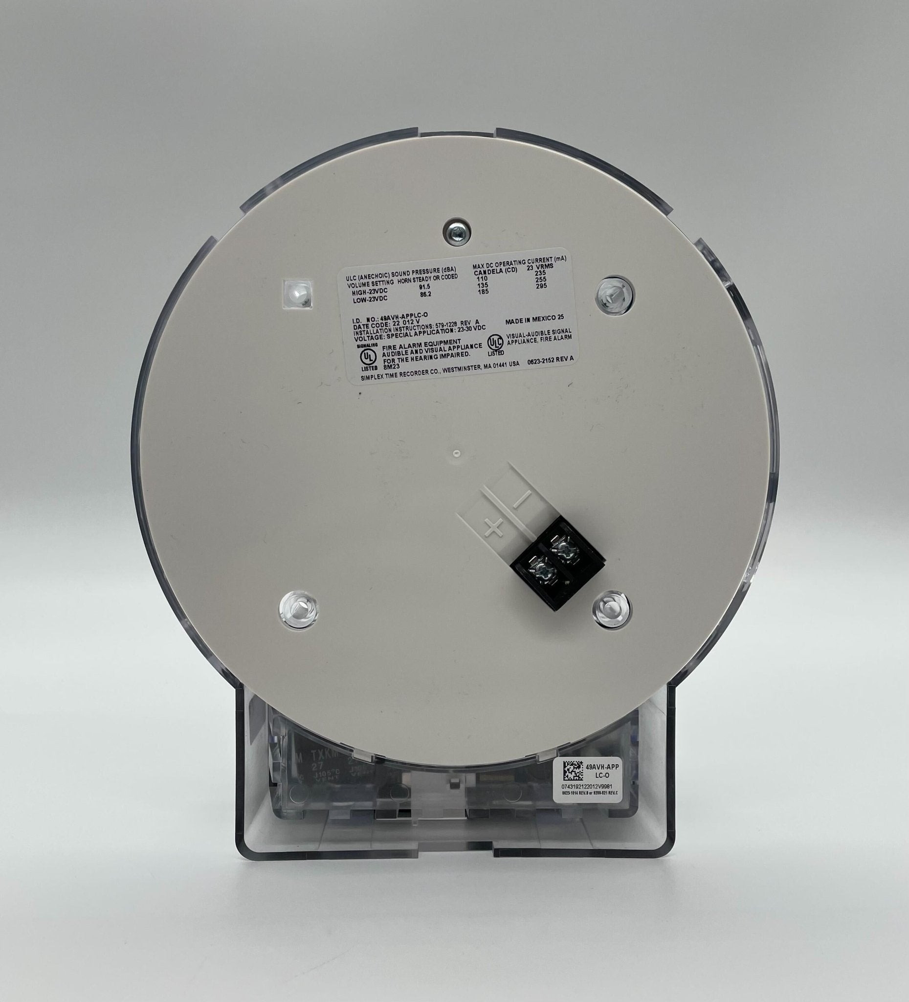 Simplex 49AVH-APPLC-O fire alarm with digital display and smoke detection sensor, mounted on wall.