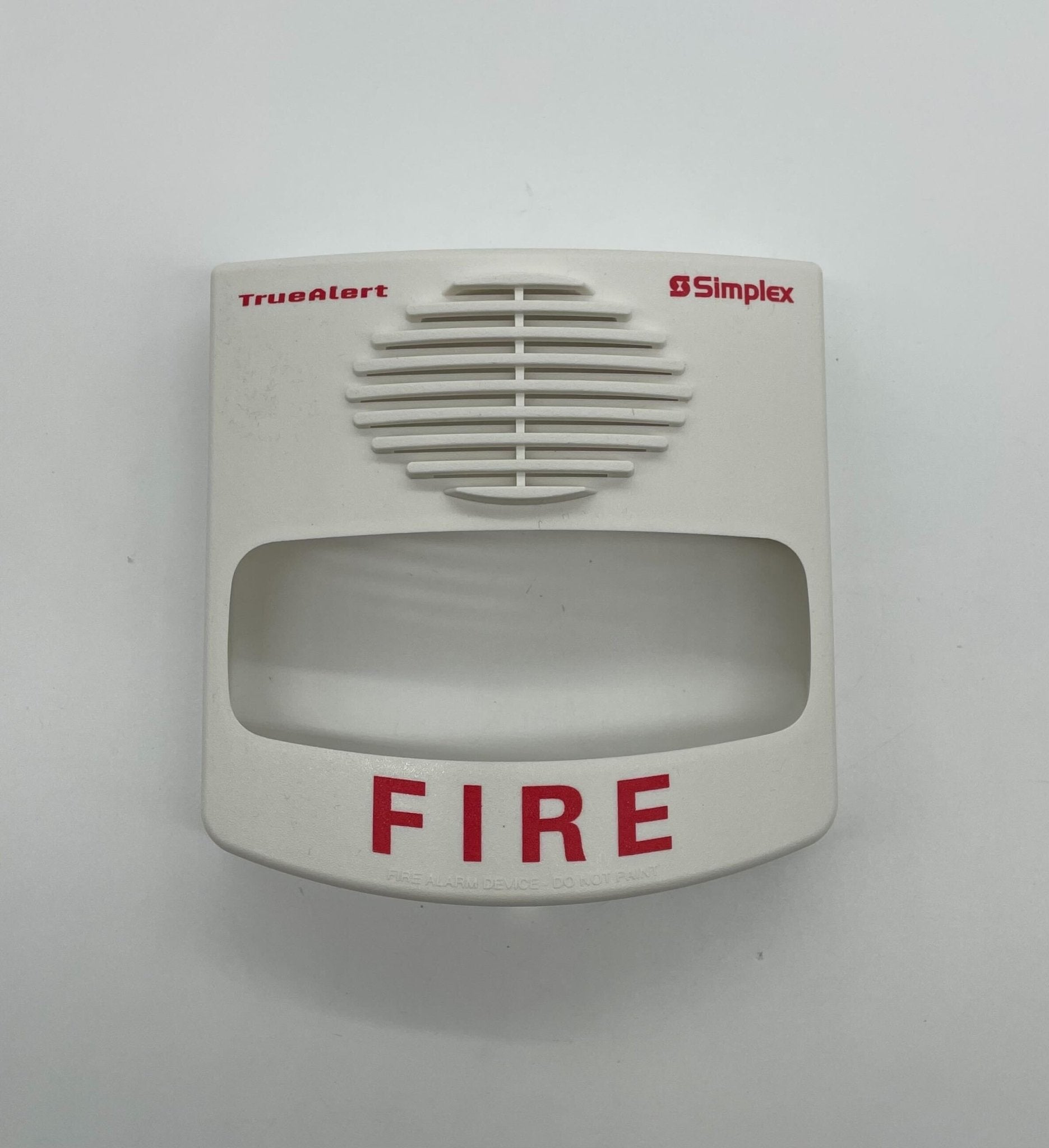 Simplex 49CMTV-WWF horn strobe alarm device mounted on wall, featuring bright visual and loud audio alert system.