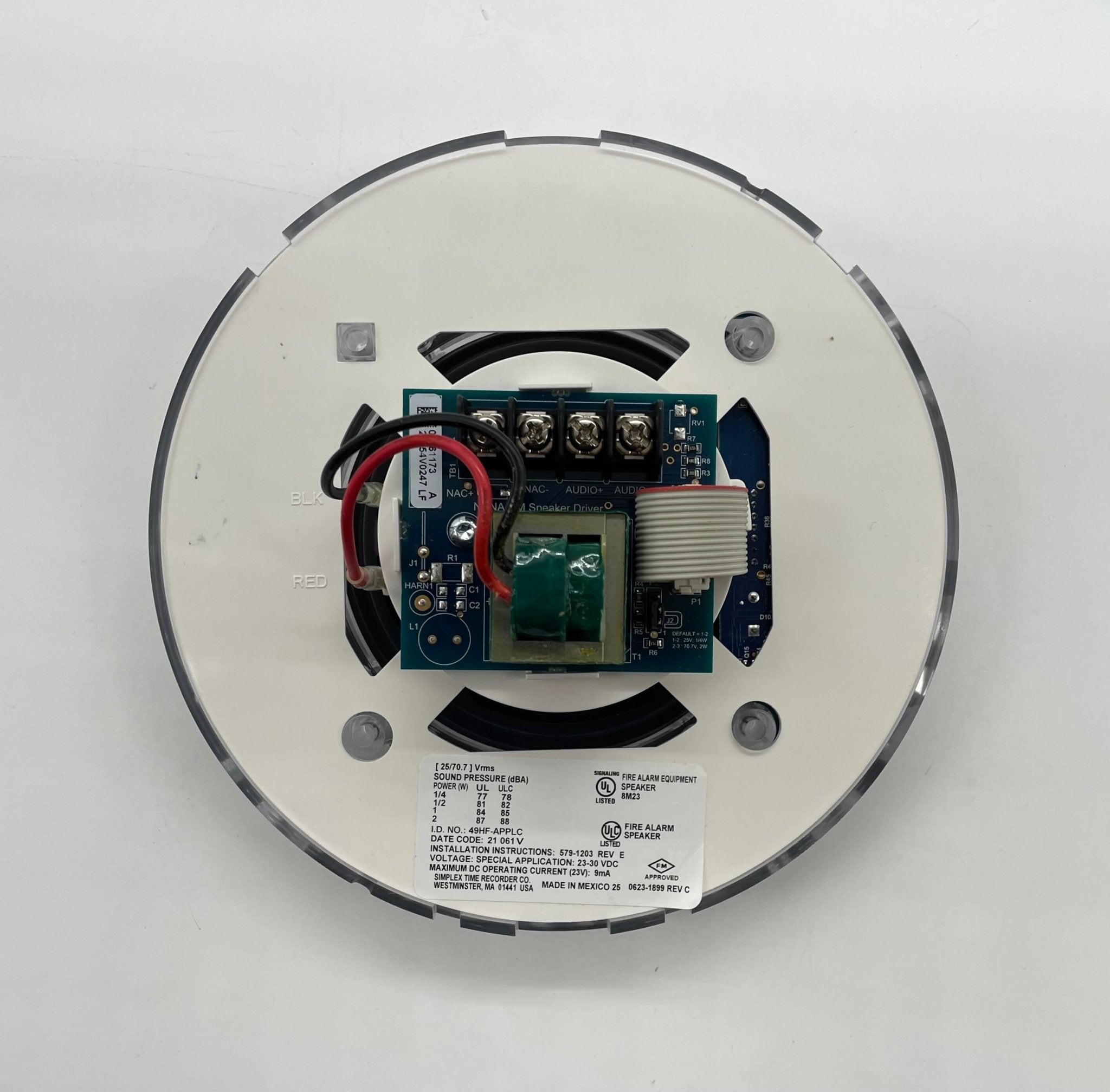 Simplex 49HF-APPLC fire alarm control panel with indicator lights and control buttons, mounted on a wall.
