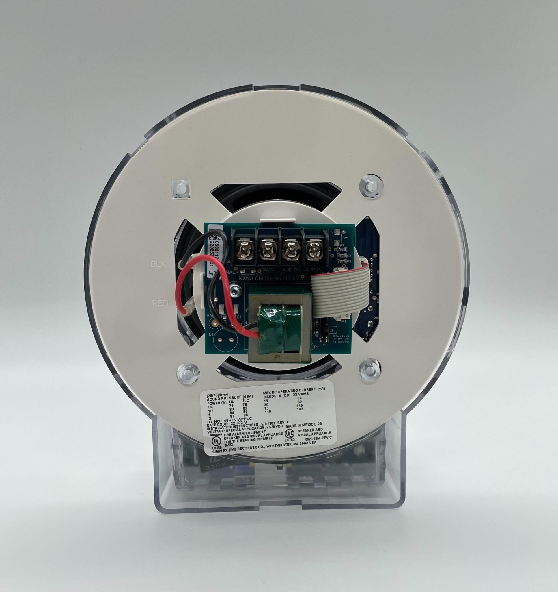 Simplex 49HFV-APPLC speaker strobe alarm device with flashing light for emergency alert systems.