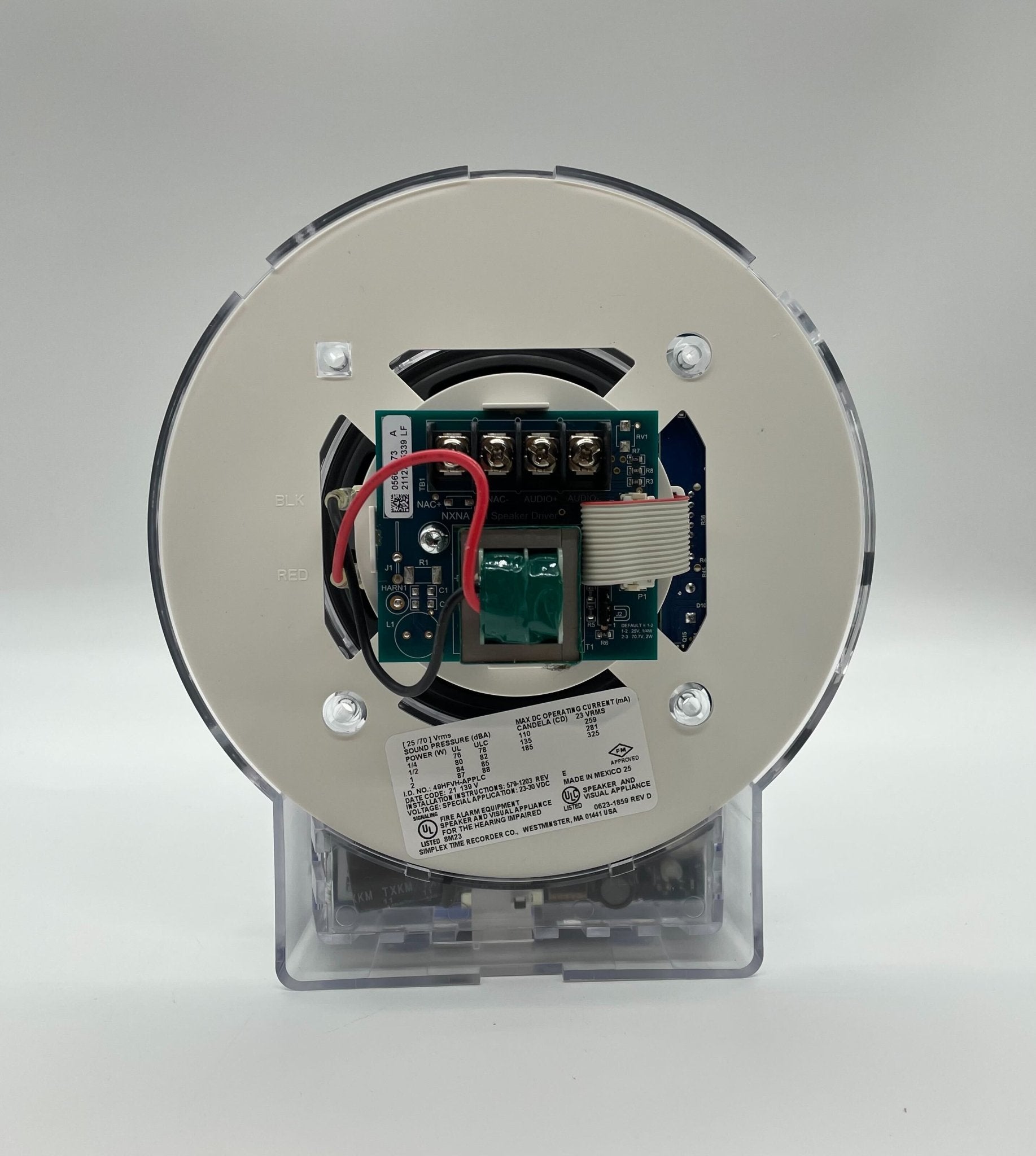 Simplex 49HFVH-APPLC fire alarm device, a sleek black alarm with mounting hardware, designed for building safety.