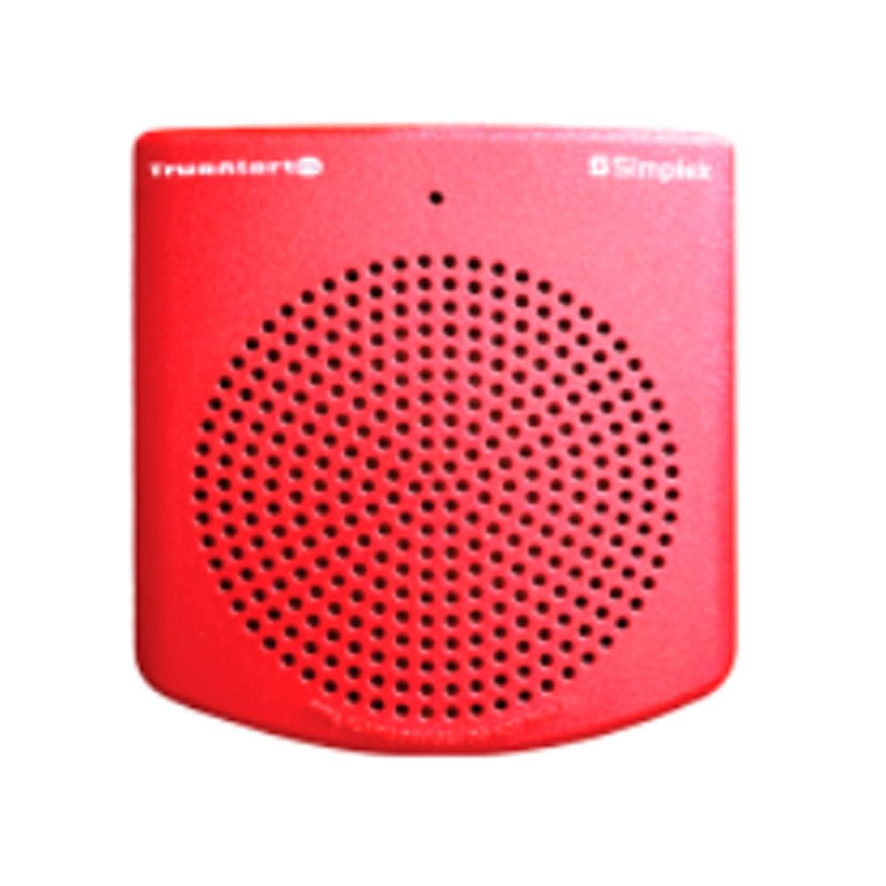 Simplex 49SO-APPLW-O fire alarm with white cover and test button, mounted on wall for safety detection.