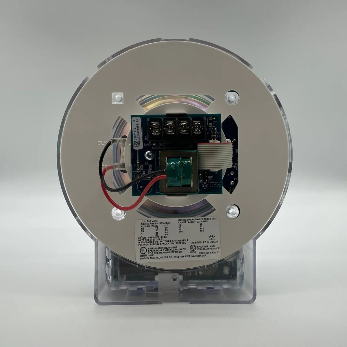 Simplex 49SV-APPLW-BA fire alarm with wireless smoke detector and control panel, mounted on wall in a commercial setting