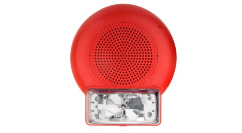 Simplex 49SVC-CRFIRE fire alarm device with indicator lights, mounted on wall, by Simplex.