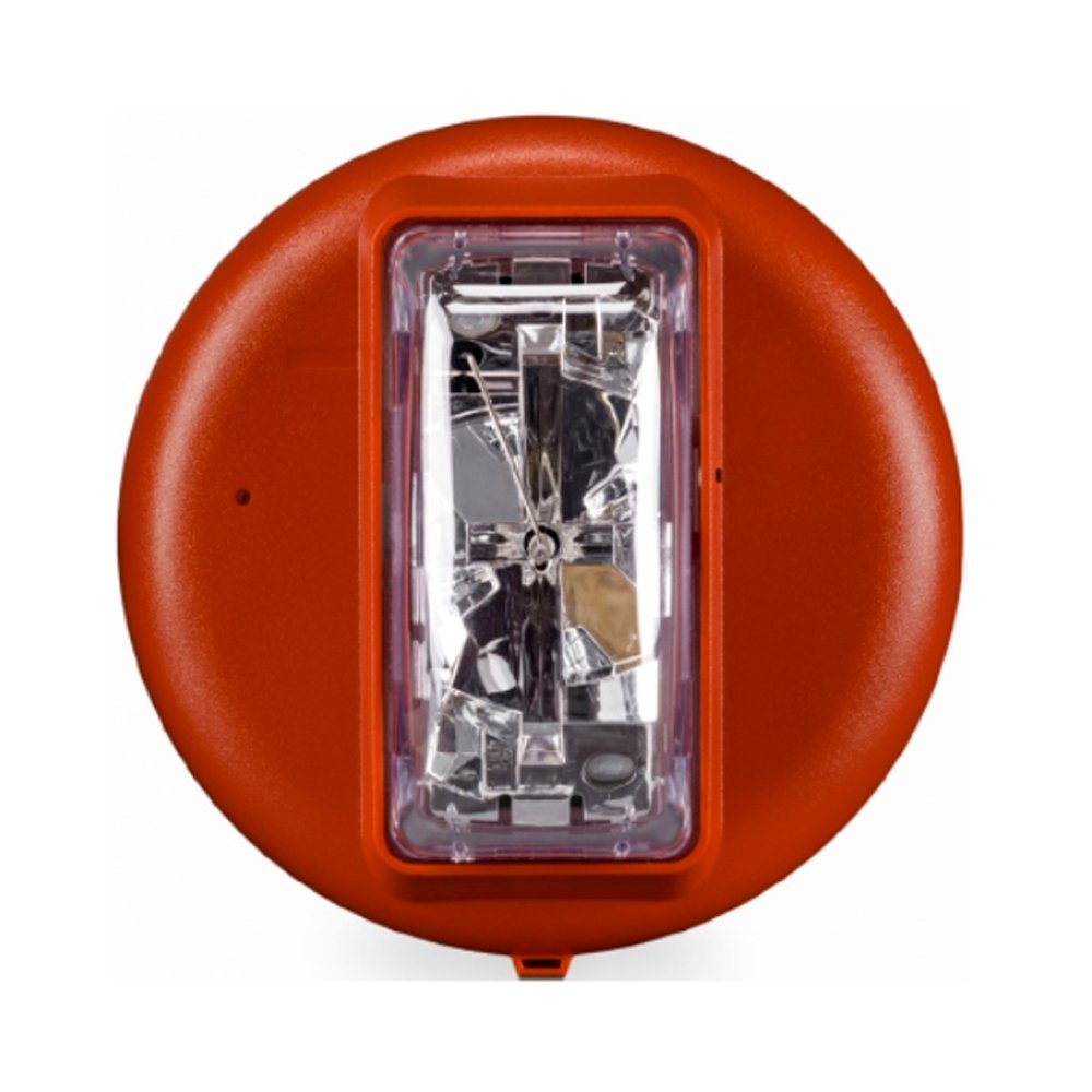Simplex 49VO-APPLC strobe light, mounted on a wall, with clear lens and wiring visible, designed for emergency signaling.