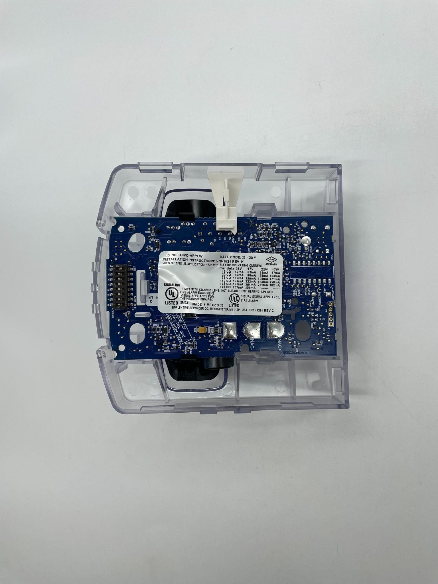 Simplex 49VO-APPLW horn strobe alarm with white housing and mounting bracket, designed for emergency alert systems.