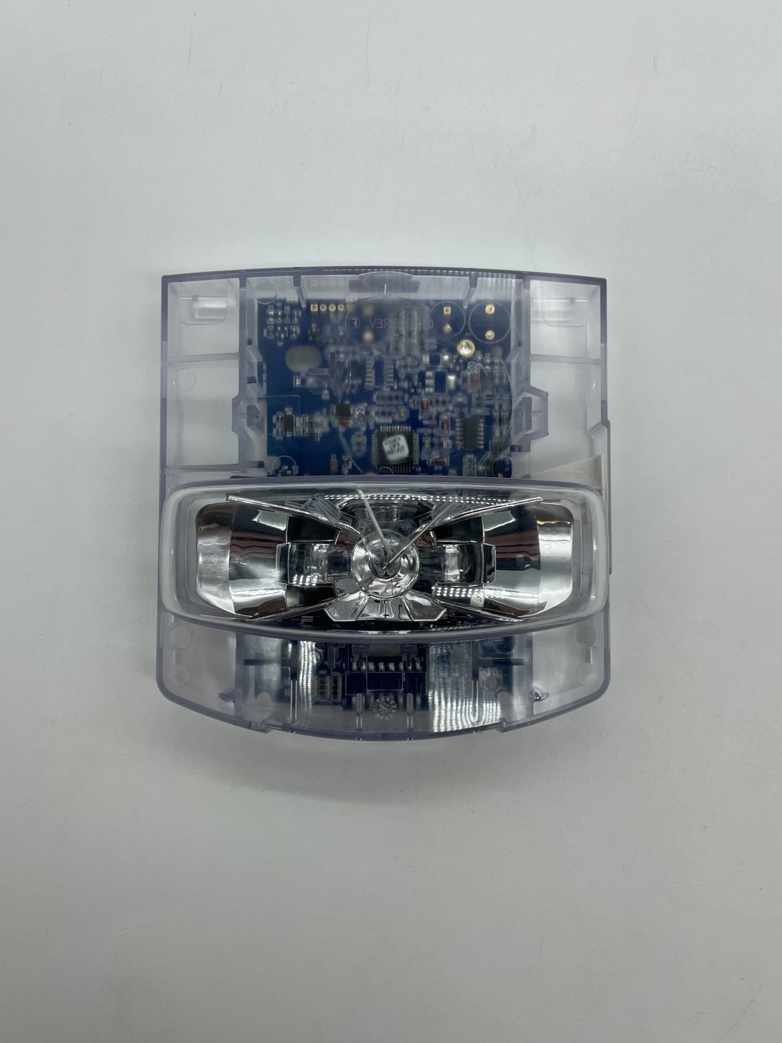 Simplex 49VO-APPLW horn strobe alarm with red horn and clear strobe light, mounted on a wall for emergency alert signaling.