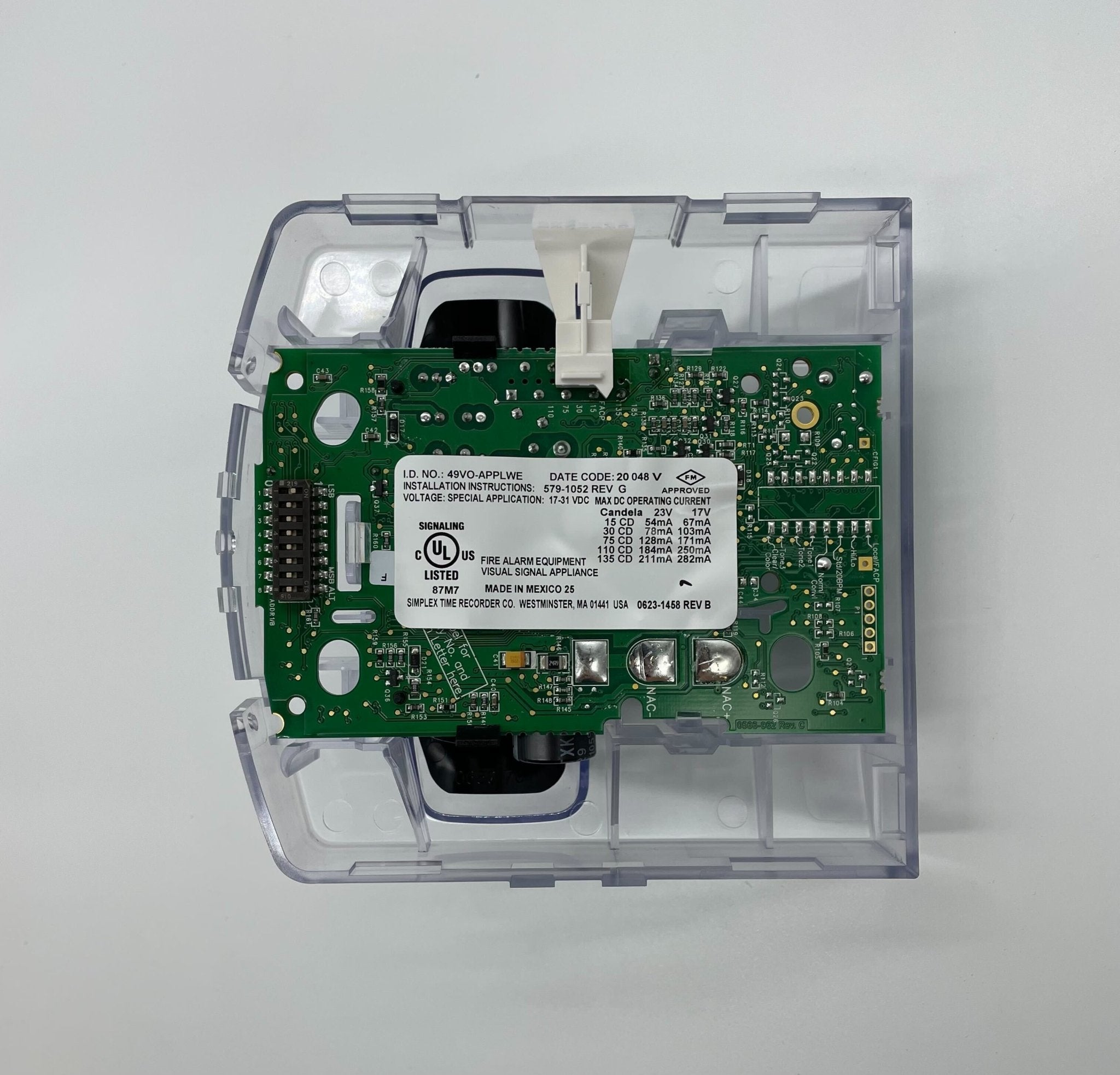Simplex 49VO-APPLWE strobe light fixture with LED design, mounted on a wall for emergency or signaling purposes.