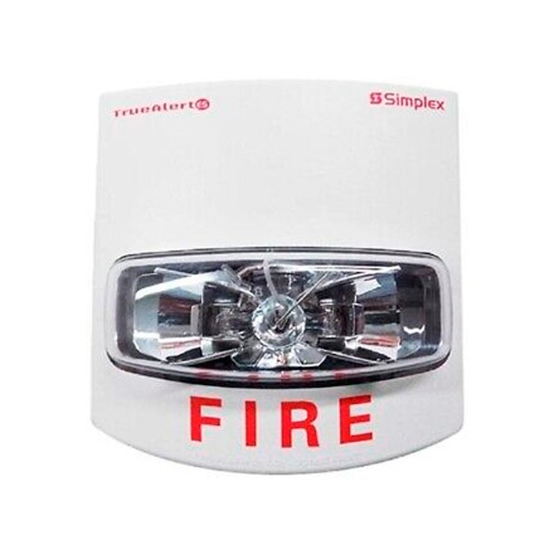 Simplex 49VO-WWA-A-BA fire alarm device with white cover and mounting bracket, designed for building safety systems.