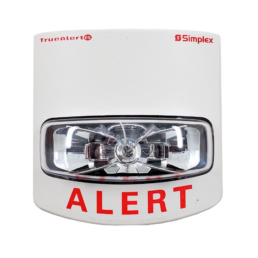 Simplex 49VO-WWA strobe light with white lens, mounted on a wall, designed for emergency signaling and visual alerting.