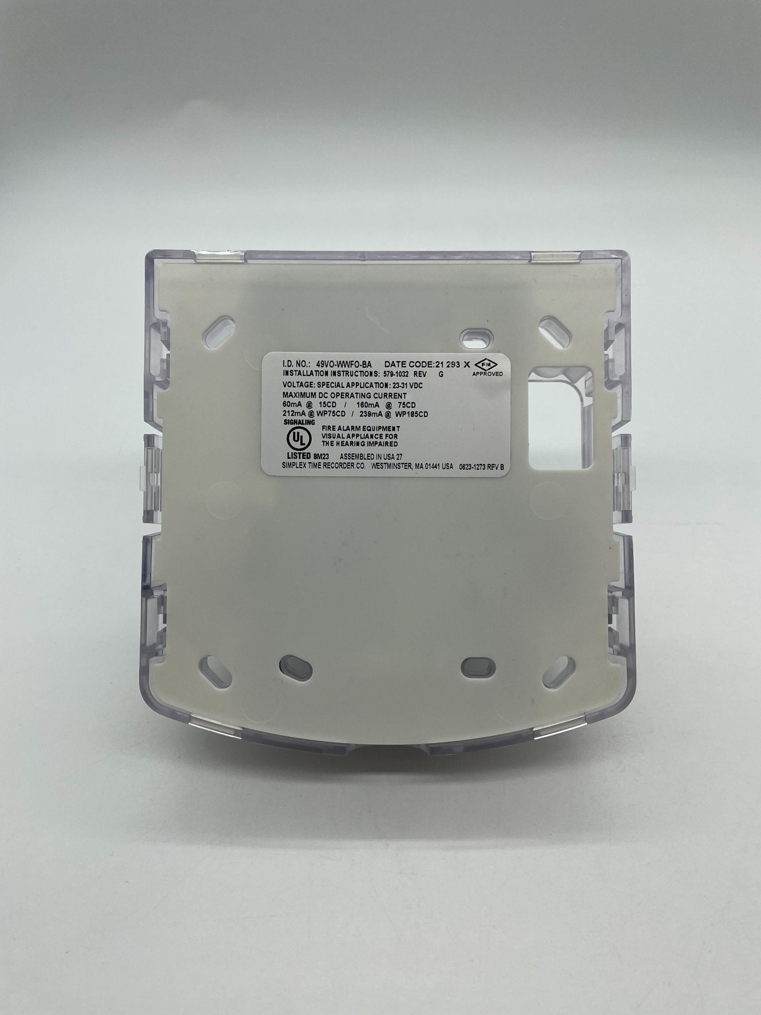 Simplex 49VO-WWFO-BA fire alarm with white weatherproof enclosure, mounted on wall, designed for industrial fire safety.