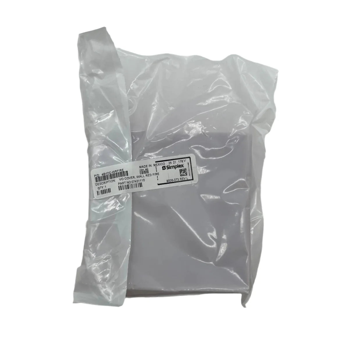 Simplex 49VOC-WRFIRE cover, fire-resistant protective cover by Simplex, shown on a fire safety equipment.