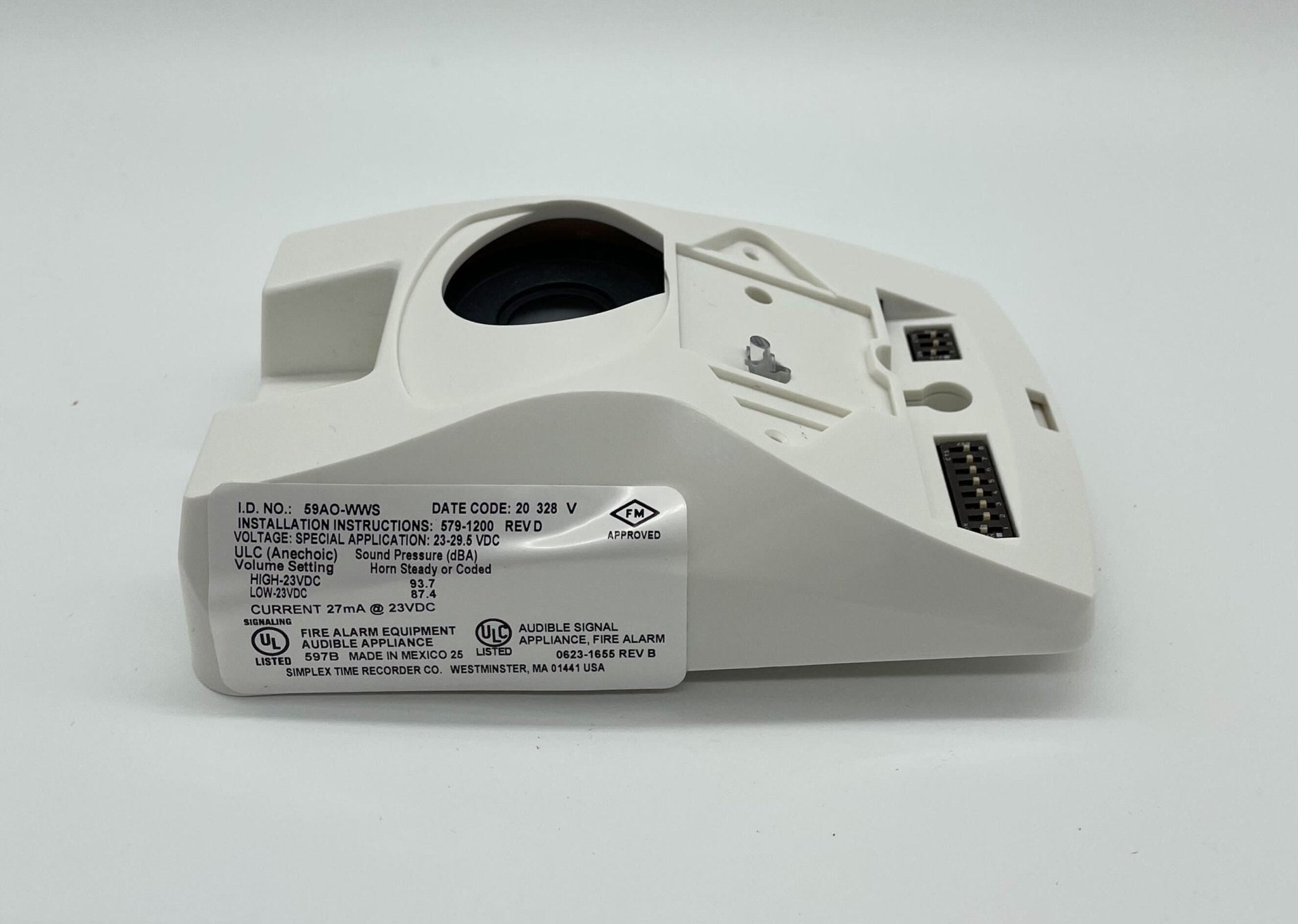 Simplex 59AO-WWS fire alarm with a white sensor and wiring, designed for safety and detection in commercial or industrial settings.